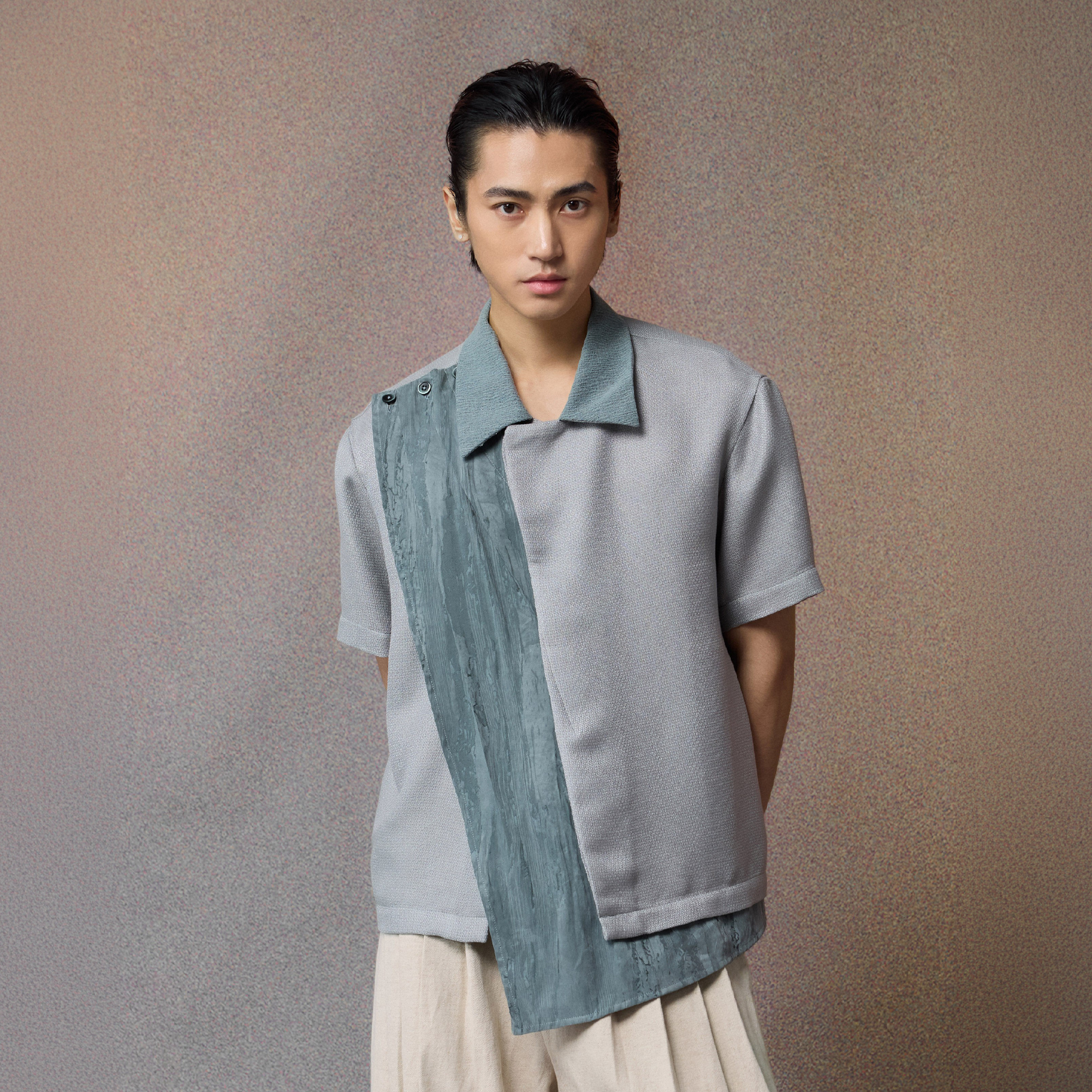ALVNG AR ANTS Asymmetrical Contrast Spliced Linen Half Shirt, premium urban and streetwear designers apparel on PROJECTISR.com, ALVNG AR ANTS