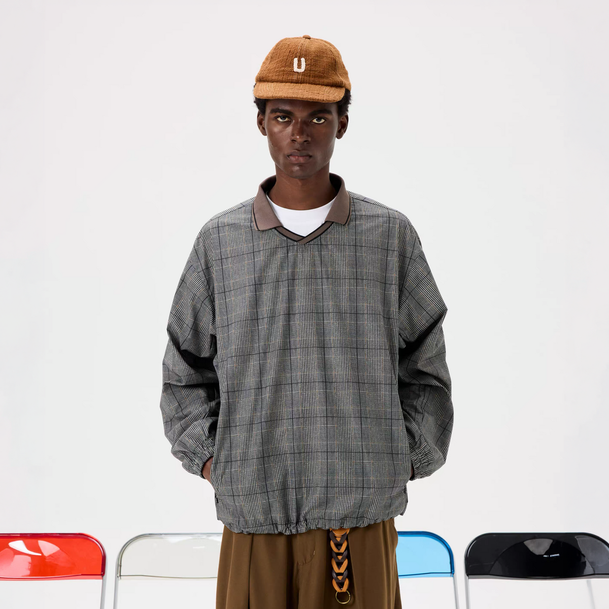 UNLIMITED MOTE Glen Plaid Double-Collar Drawstring Long-Sleeve Shirt, premium urban and streetwear designers apparel on PROJECTISR.com, UNLIMITED MOTE