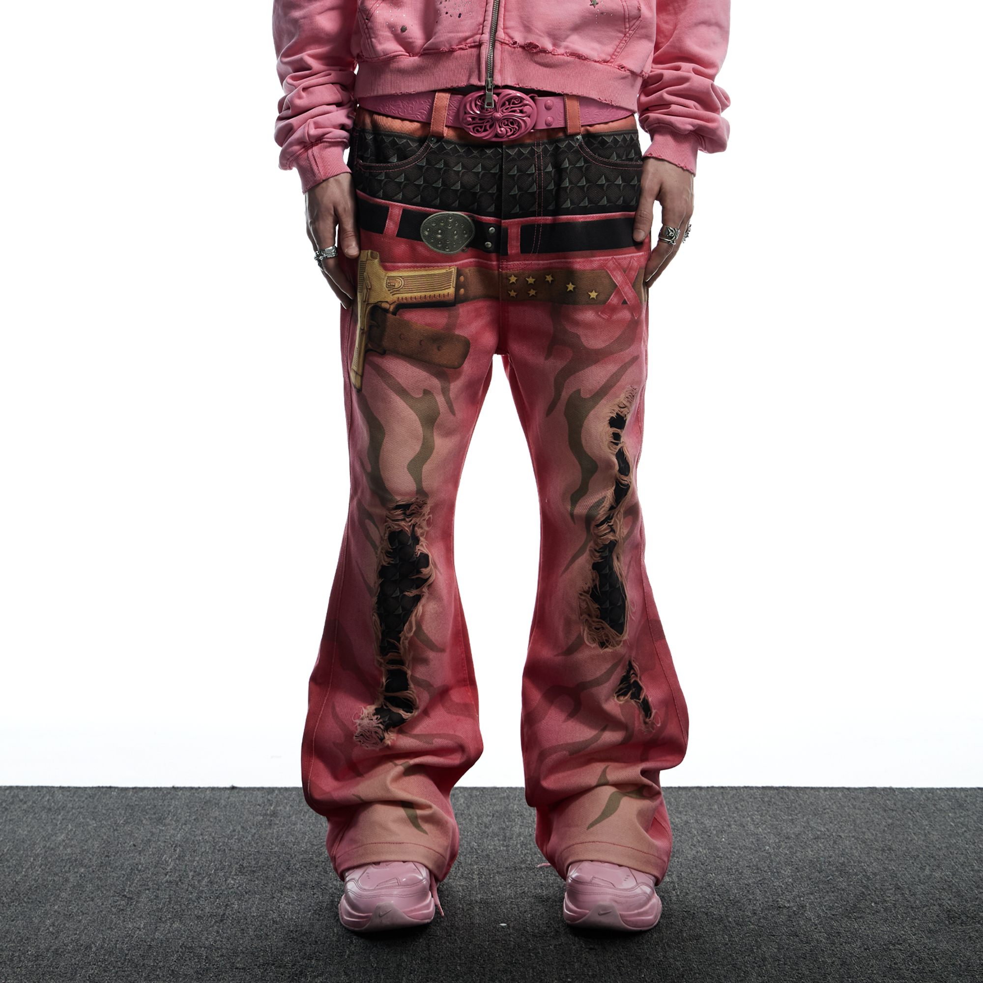 DND4DES Distressed Print Double-Waist Flare Jeans Pink, premium urban and streetwear designers apparel on PROJECTISR.com, DND4DES