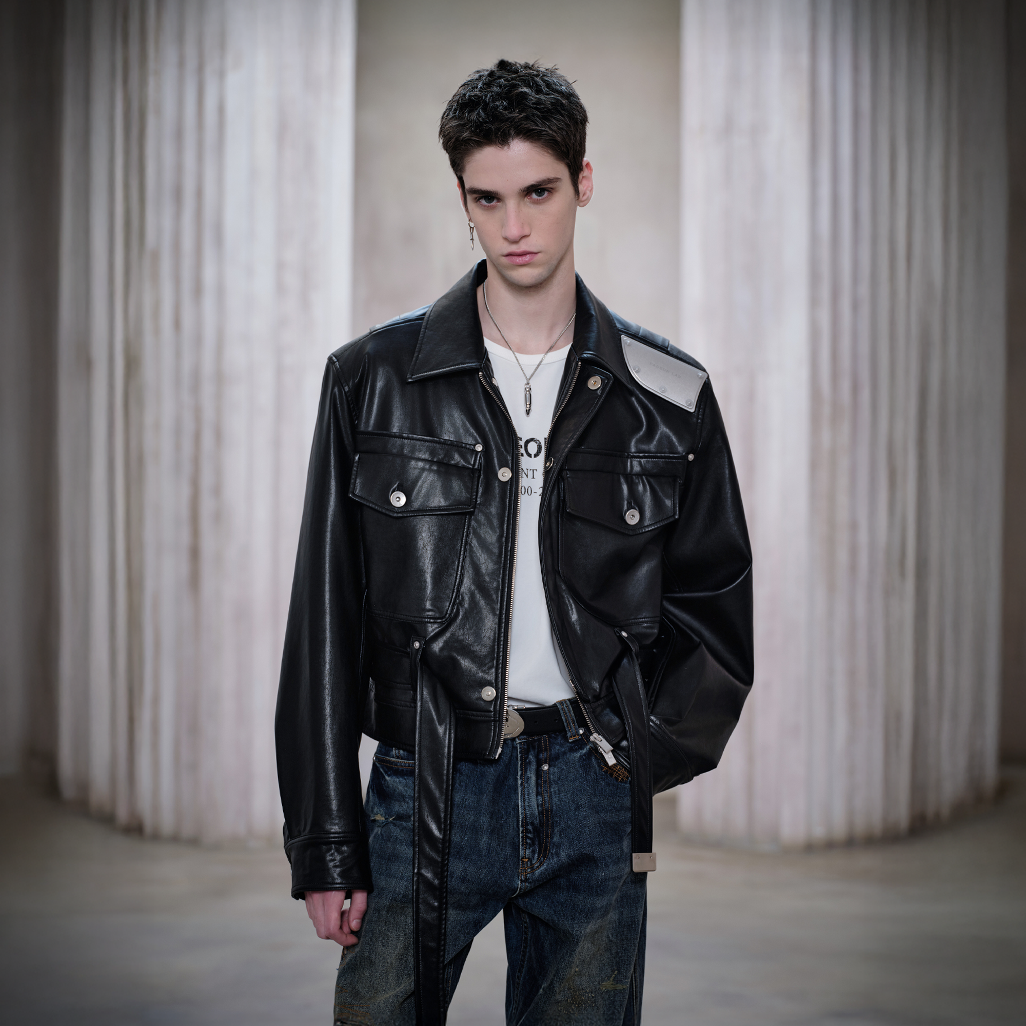 FACEONLAB Metal Epaulettes Belted Faux Leather Jacket Black