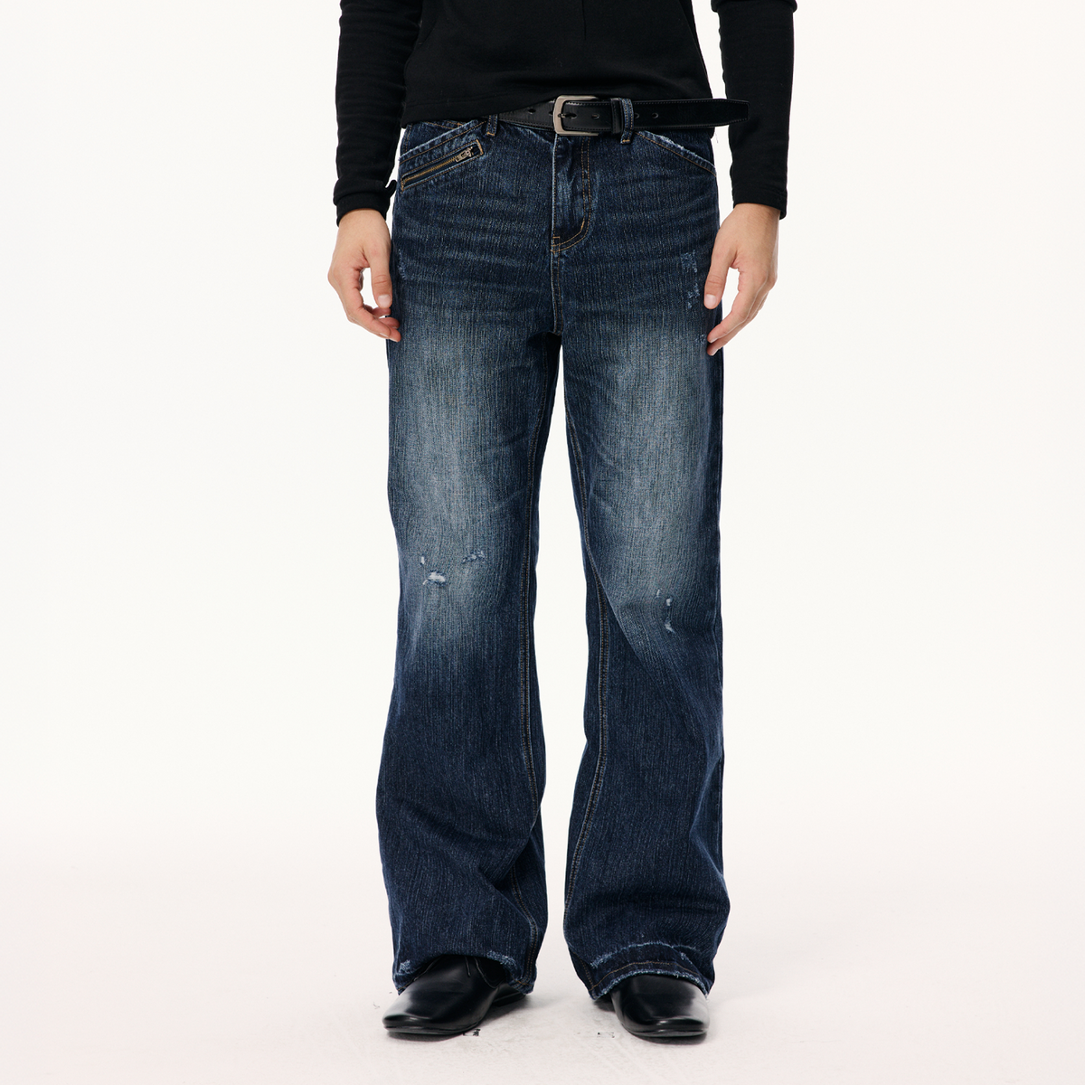 KREATE Washed Distressed Slim Straight-Leg Jeans