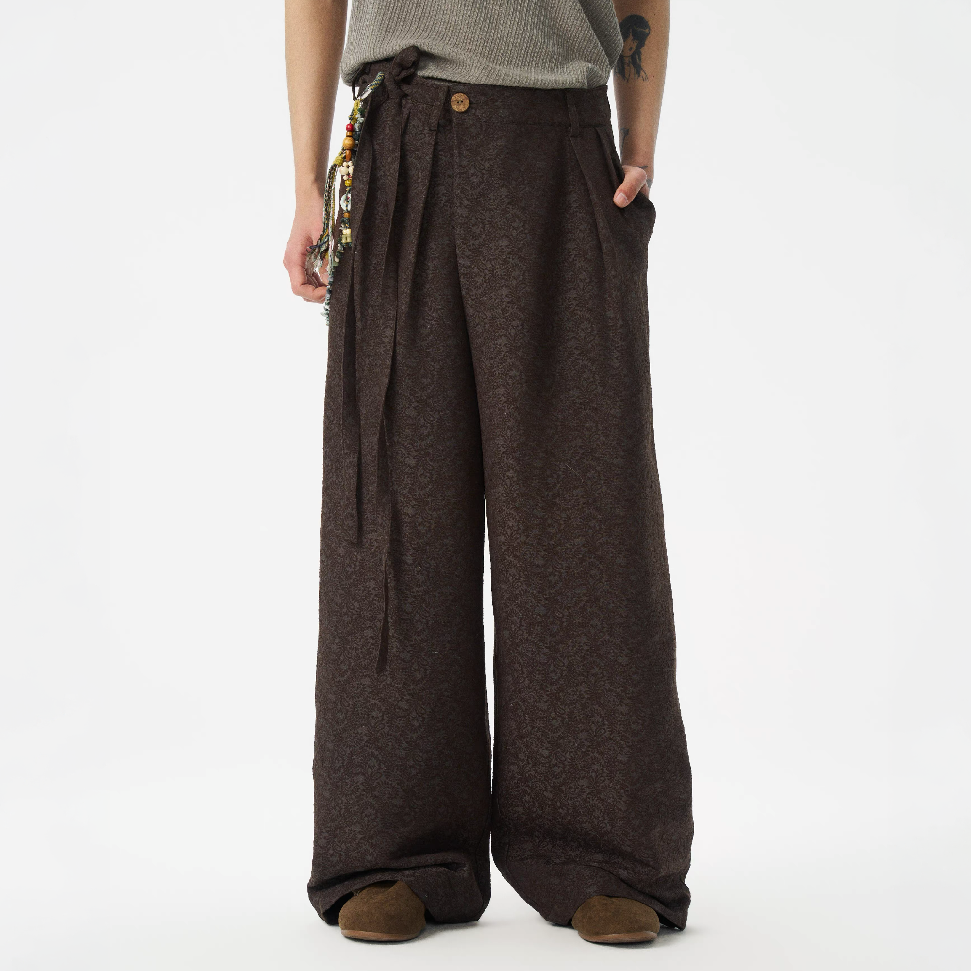 GONGHE REPUB Damask Jacquard Wrap-Tie Pants, premium urban and streetwear designers apparel on PROJECTISR.com, GONGHE REPUB