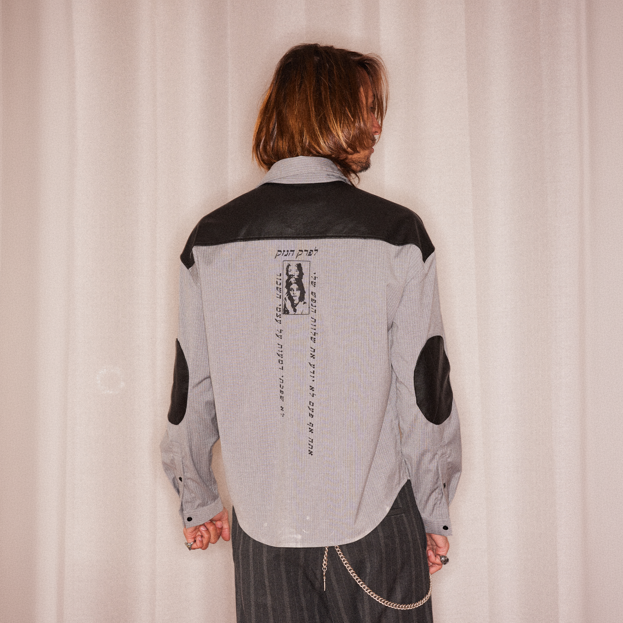 RICHILL Faux Leather Panel Portrait Graphic Stripe Shirt, premium urban and streetwear designers apparel on PROJECTISR.com, RICHILL