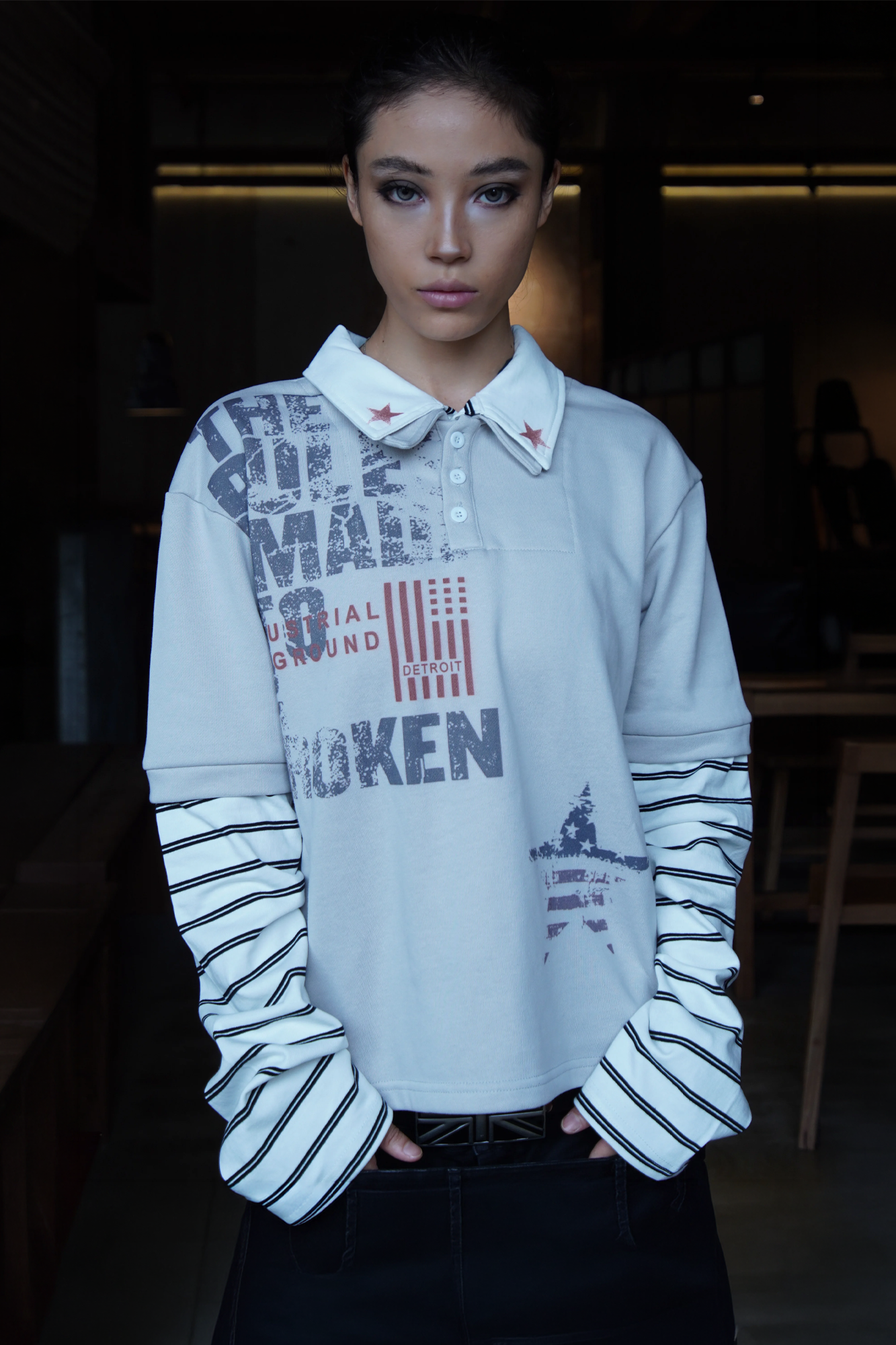 REGEN ZONE Layered Graphic Striped Polo Long-Sleeve Tee