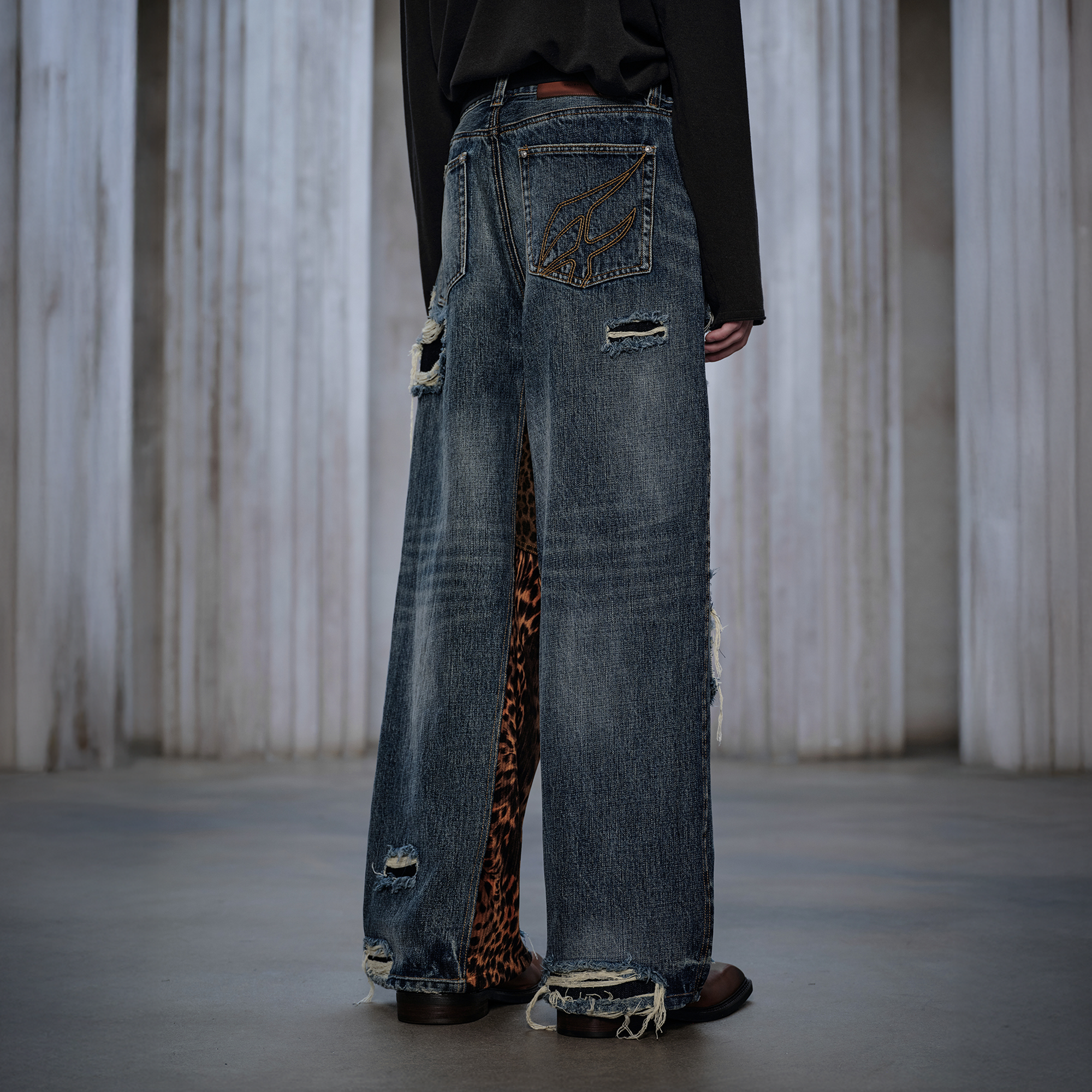 FACEONLAB Distressed Patch Leopard Paneled Jeans
