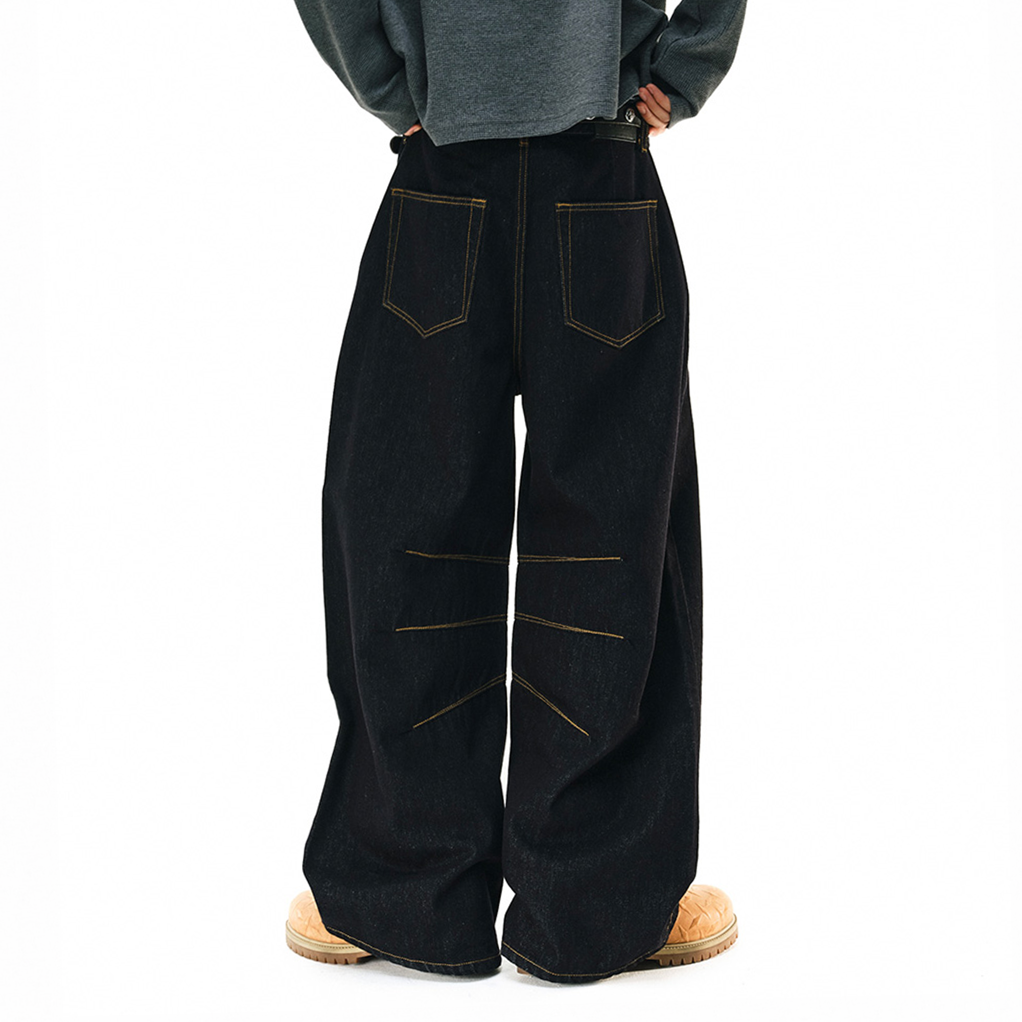 NOVACAM Raw Slub Denim Curved Wide-Leg Jeans