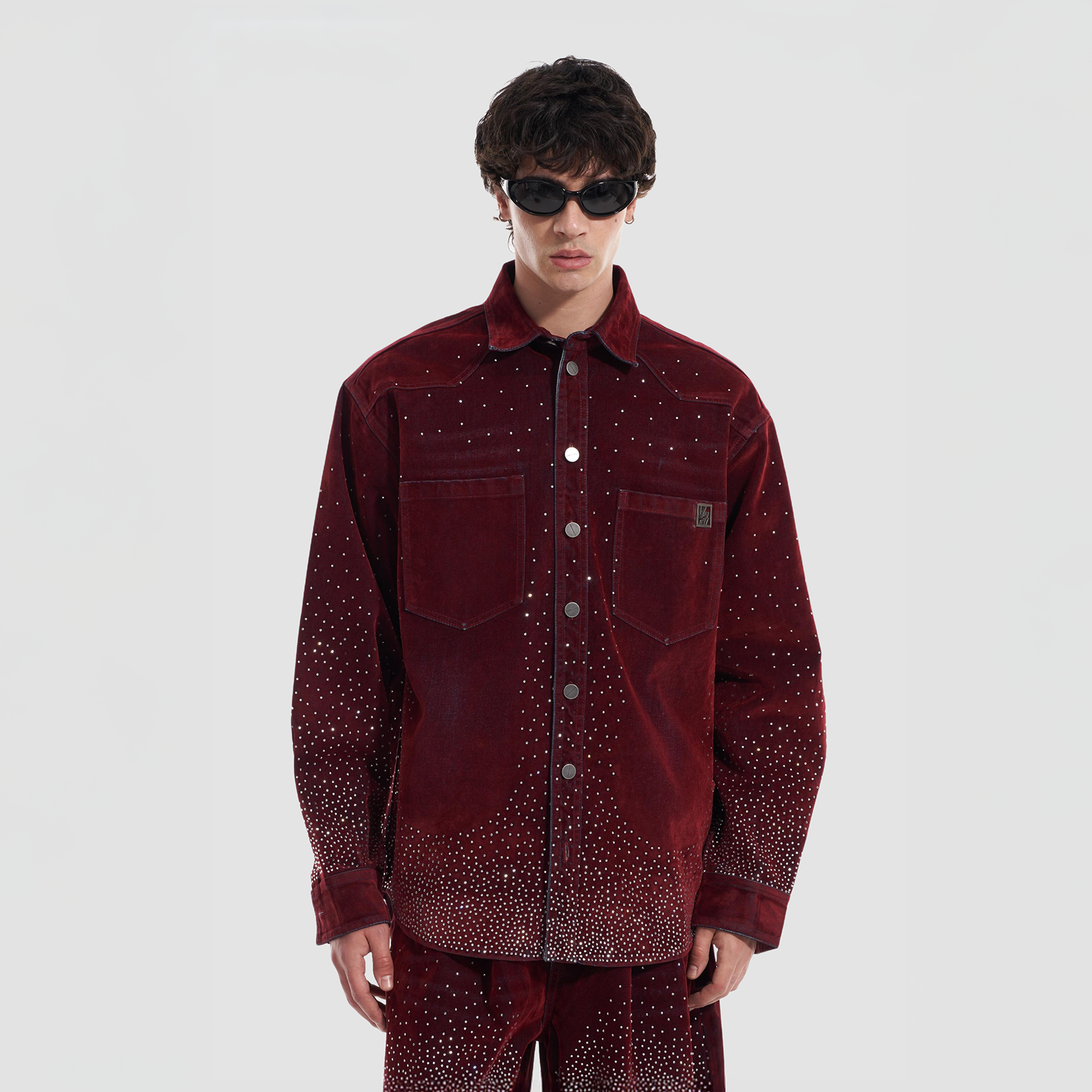 VANN VALRENCE Diamond-Studded Velvet Shirt Jacket