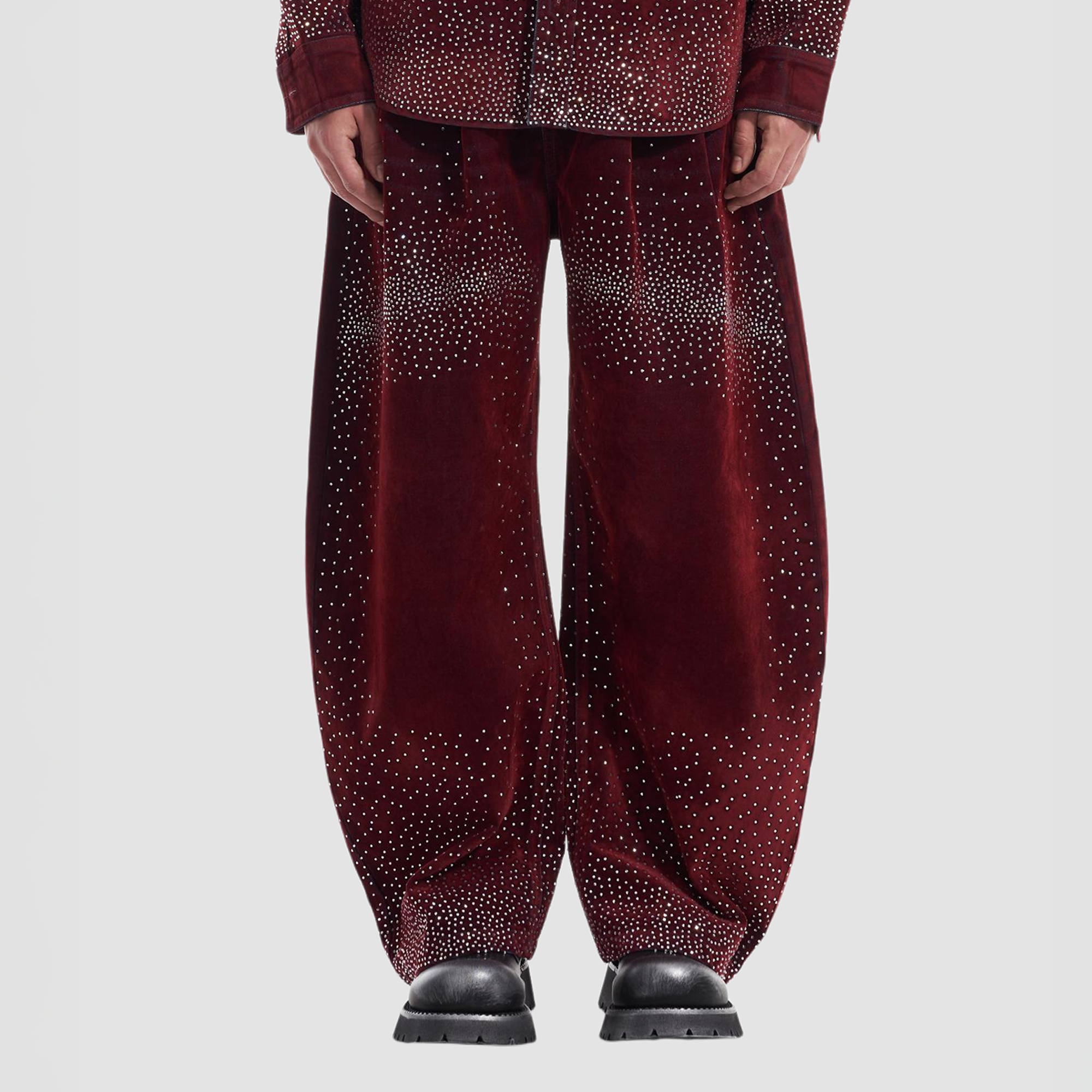VANN VALRENCE Diamond-Studded Velvet Barrel Leg Trousers