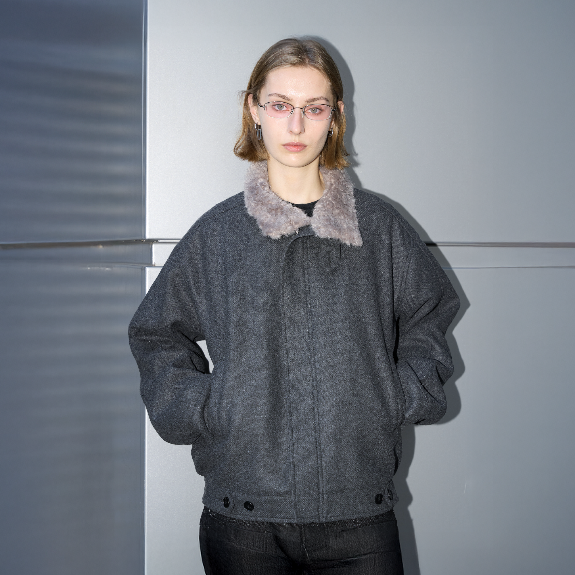 LABELROOM Modern Faux-Fur Collar Wool Jacket Gray, premium urban and streetwear designers apparel on PROJECTISR.com, LABELROOM