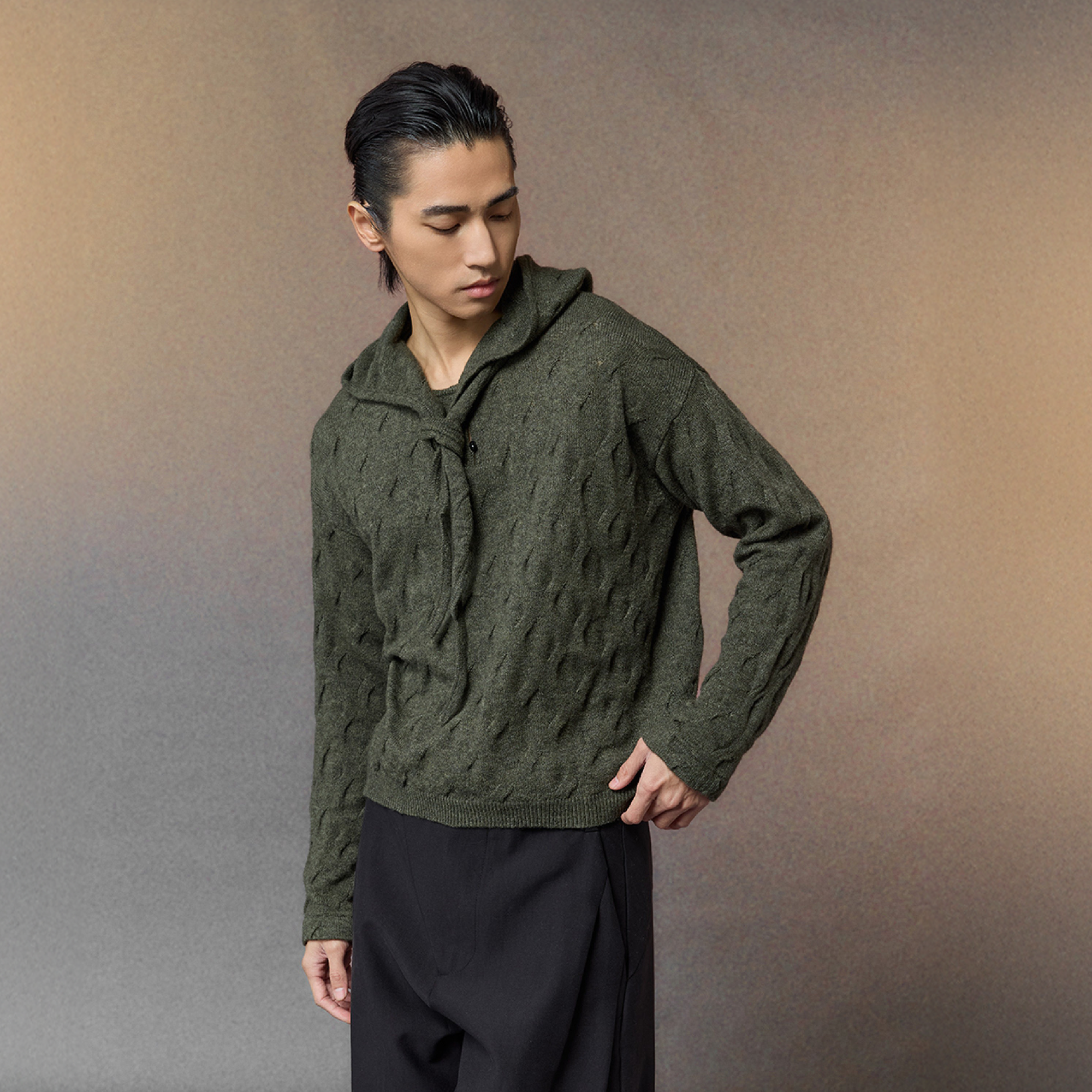 ALVNG AR ANTS Cable-Knit Tie-Neck Hooded Sweater, premium urban and streetwear designers apparel on PROJECTISR.com, ALVNG AR ANTS