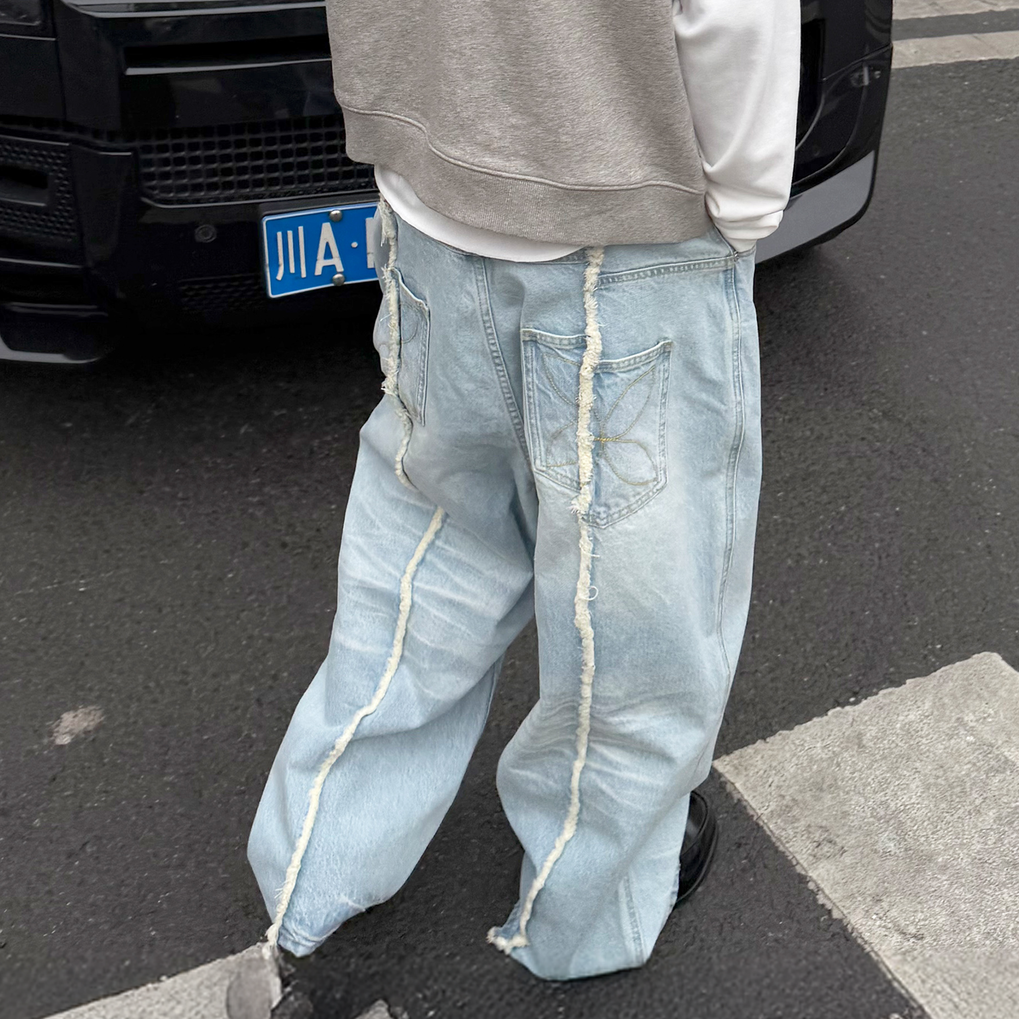 STEEPC Washed Frayed Seam Baggy Jeans, premium urban and streetwear designers apparel on PROJECTISR.com, STEEPC