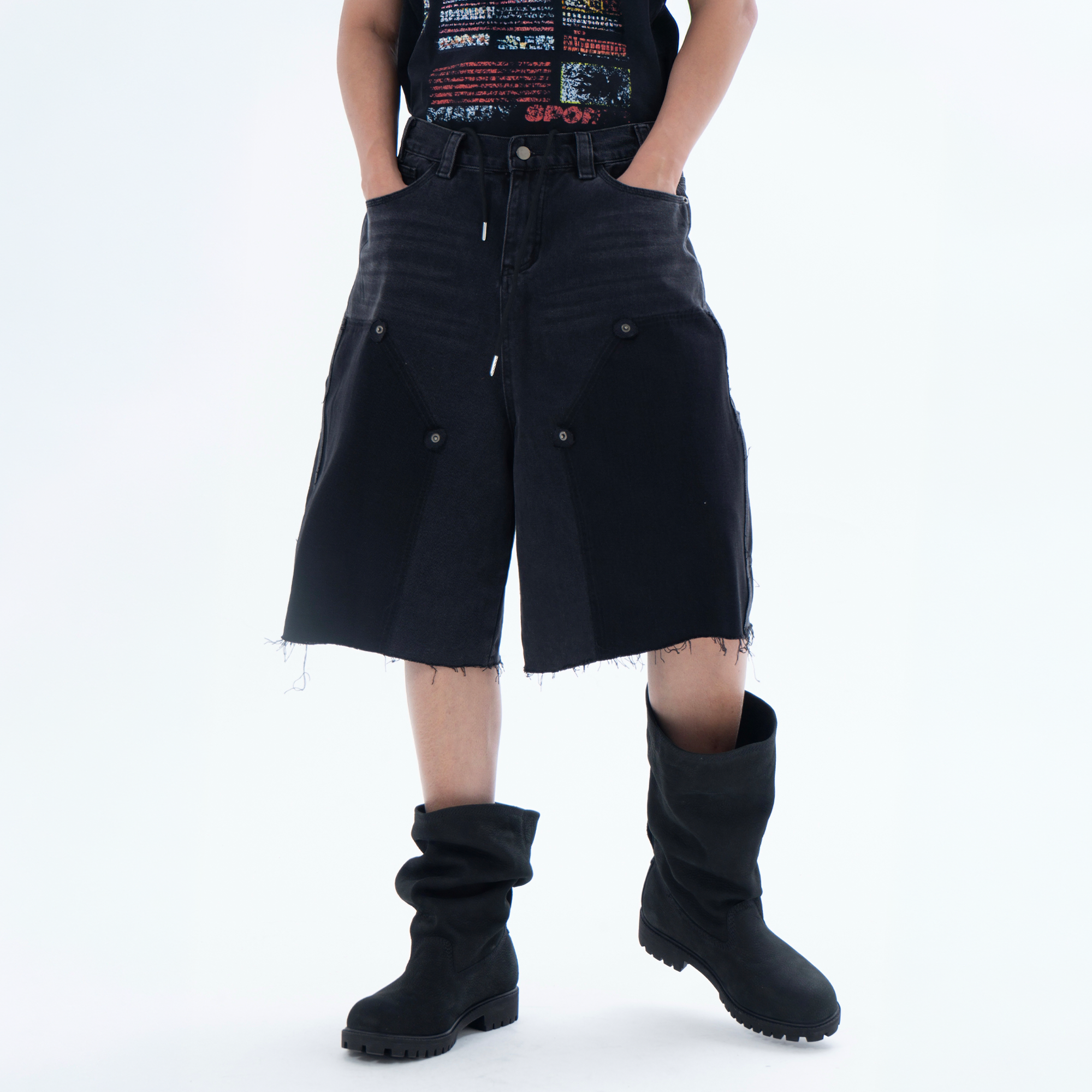 CLP Retro Washed Raw Edge Paneled Shorts