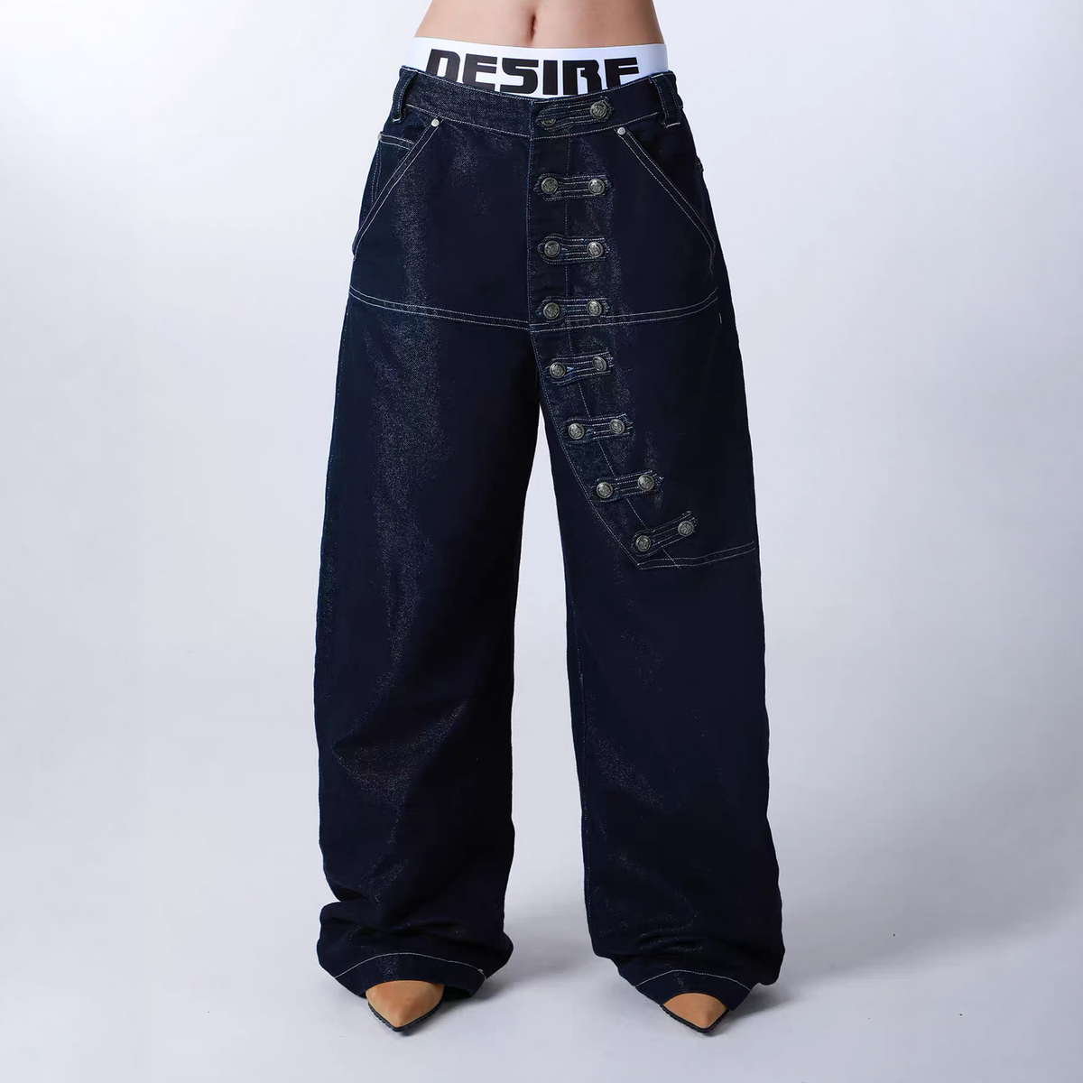 SEXXDEVIL Napoleon-Button Paneled Metallic Denim Jeans