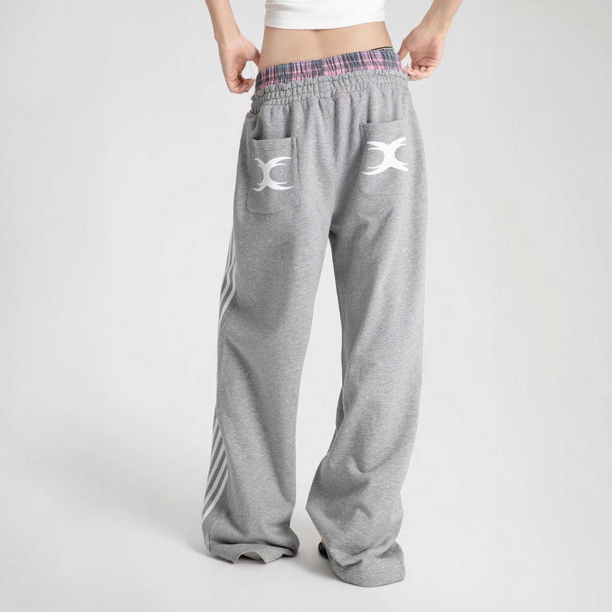 SEXXDEVIL Plaid Double-Waistband Striped Sweatpants