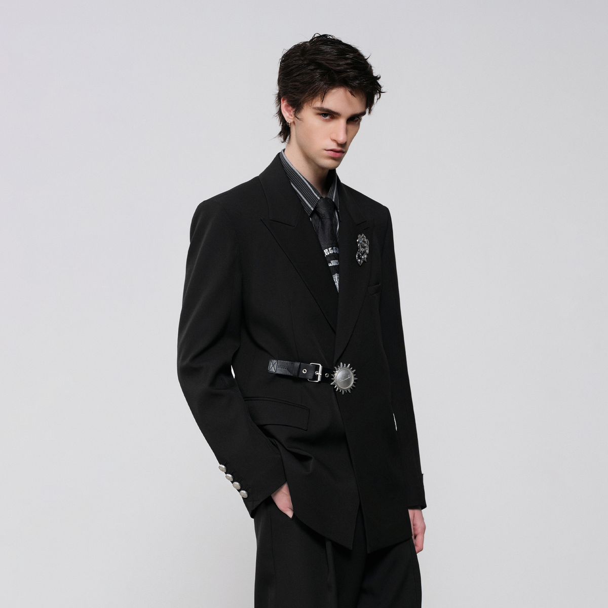 FACEONLAB Rose Brooch Asymmetric Belted Blazer