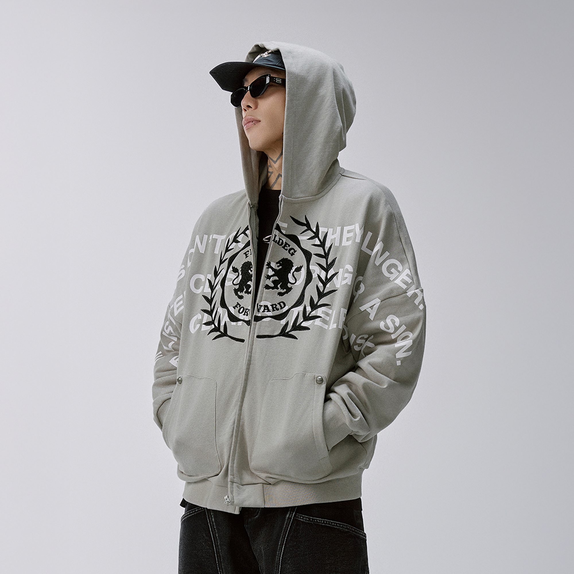 F2CE Embroidery Slogan Graphic Zip-Up Hoodie