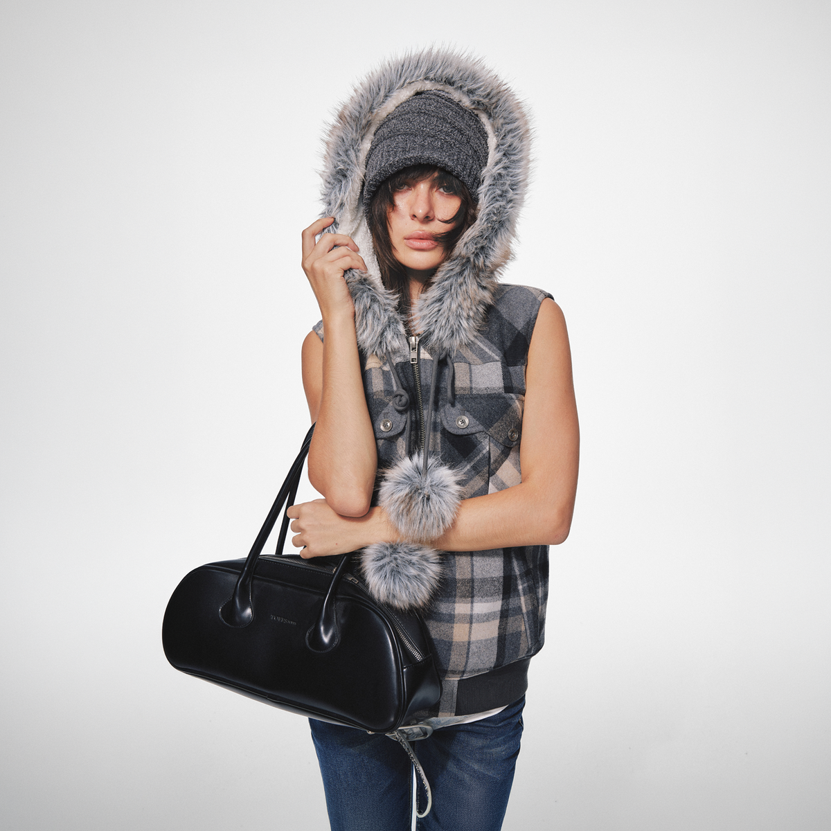 TRECLUB Retro Plaid Hooded Faux Fur Collar Vest