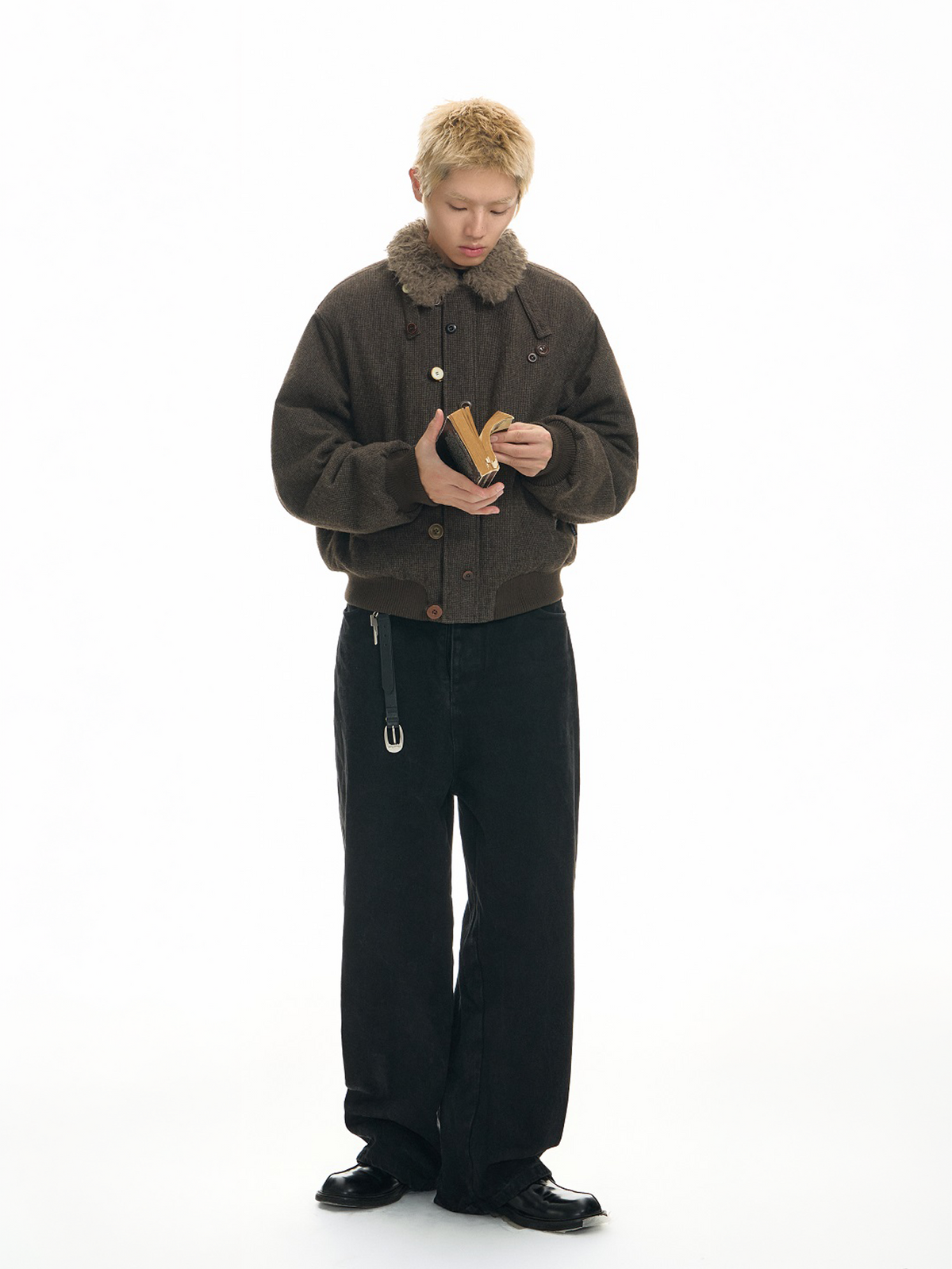 TGNS Striped Faux Fur Collar Cotton-Padded Jacket