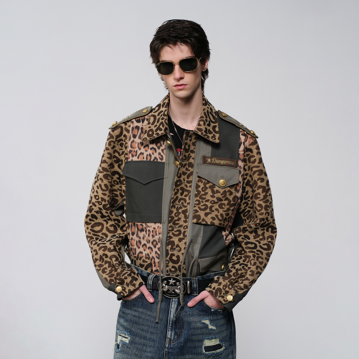 FACEONLAB Camo Spliced Leopard Lapel Jacket Brown