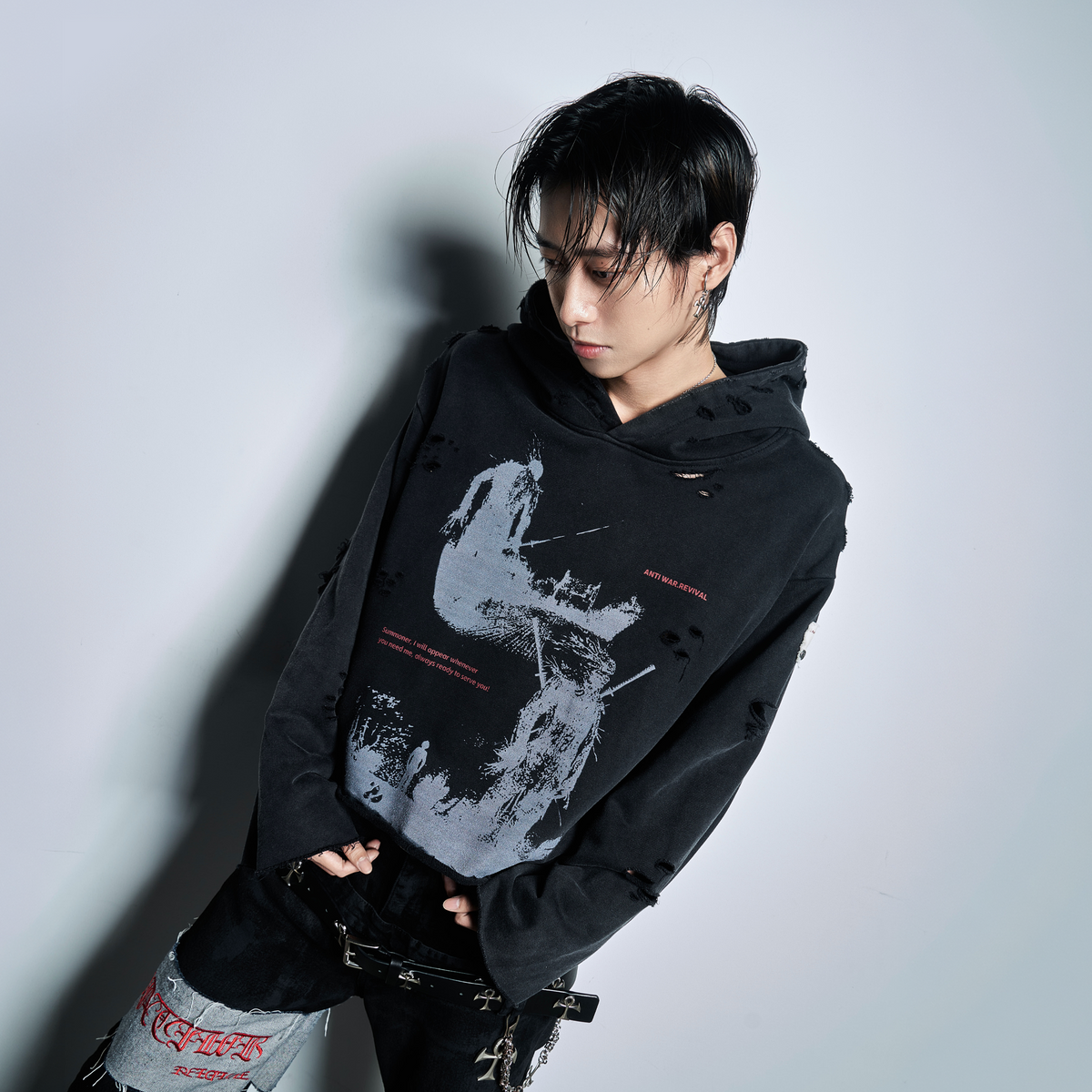 ANTI WAR REVIVAL Distressed Cut-Out Graphic Hoodie