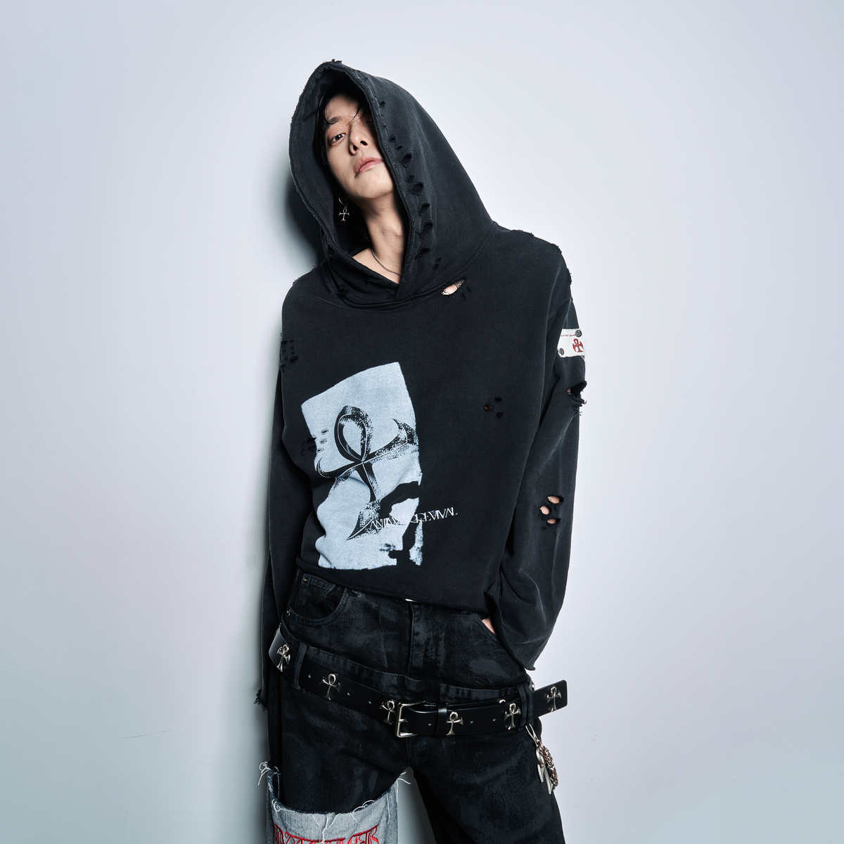 ANTI WAR REVIVAL Distressed Frayed Raw-Edge Oversized Hoodie