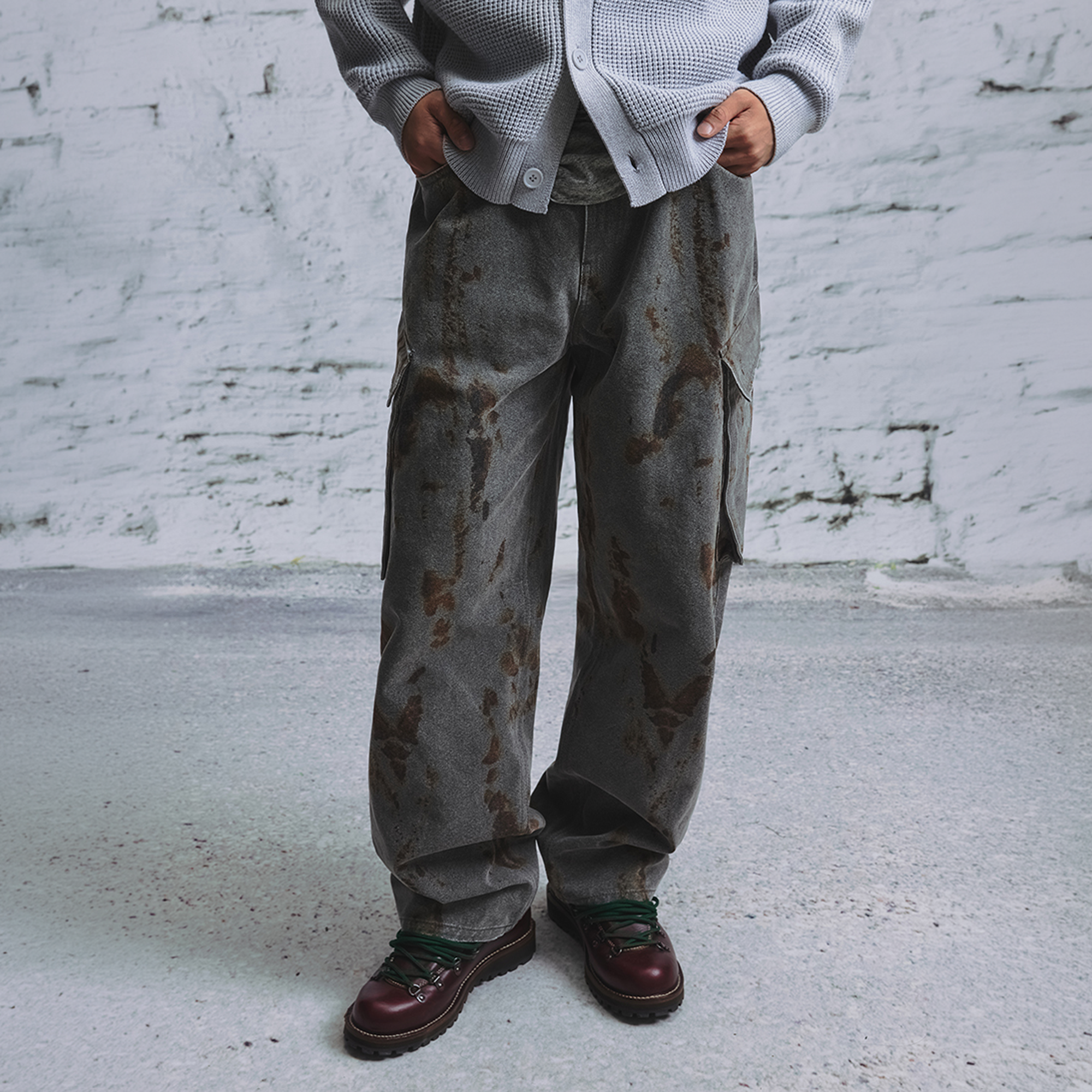 NIANJIUYIKOUER Rust Stain Graphic Washed Cargo Pants, premium urban and streetwear designers apparel on PROJECTISR.com, NIANJIUYIKOUER