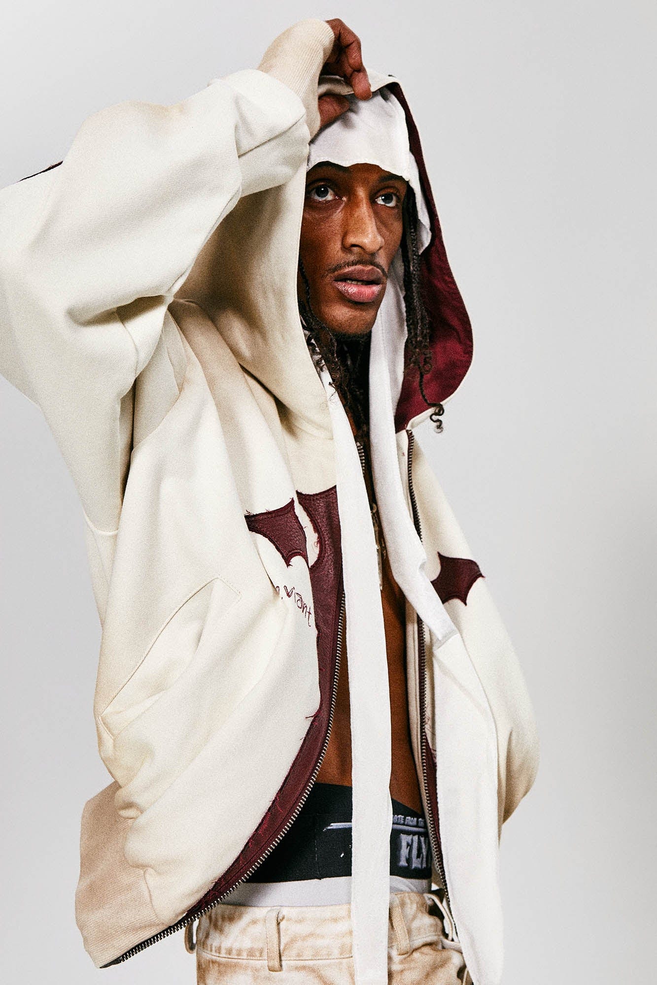 FLYERRER Distressed Cross Patch Studded Hooded Jacket, premium urban and streetwear designers apparel on PROJECTISR.com, FLYERRER