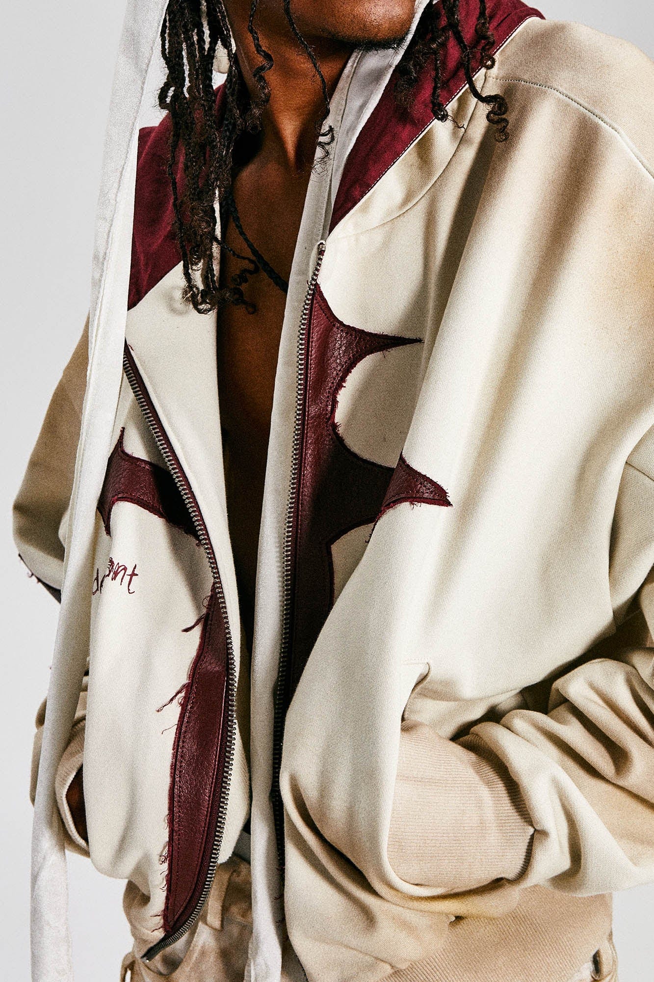 FLYERRER Distressed Cross Patch Studded Hooded Jacket, premium urban and streetwear designers apparel on PROJECTISR.com, FLYERRER