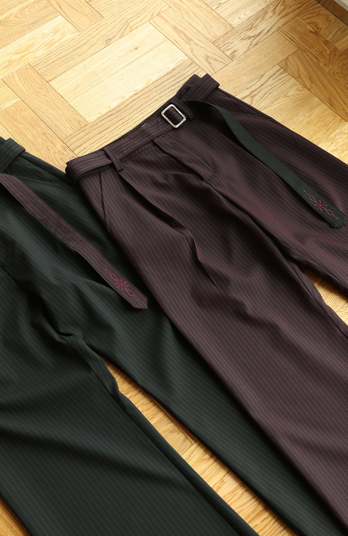 OKAYTHXBYE Striped Embroidered Belted Straight-Leg Trousers