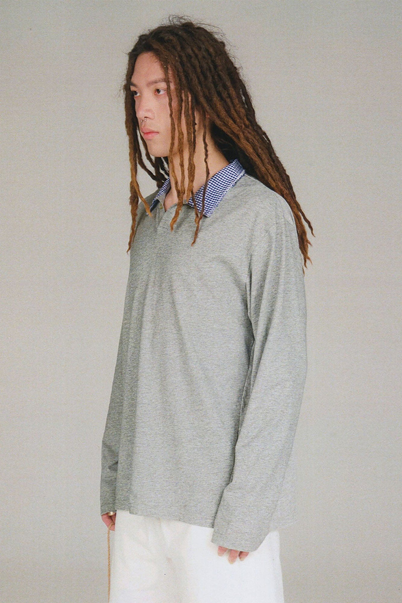 URBAN+FOREST Checks Collar Panel Long-Sleeve Polo, premium urban and streetwear designers apparel on PROJECTISR.com, URBAN+FOREST