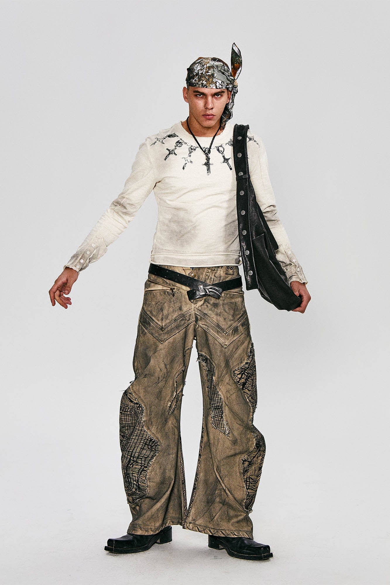 FLYERRER Distressed Cross Chain Graphic Long-Sleeve Tee, premium urban and streetwear designers apparel on PROJECTISR.com, FLYERRER