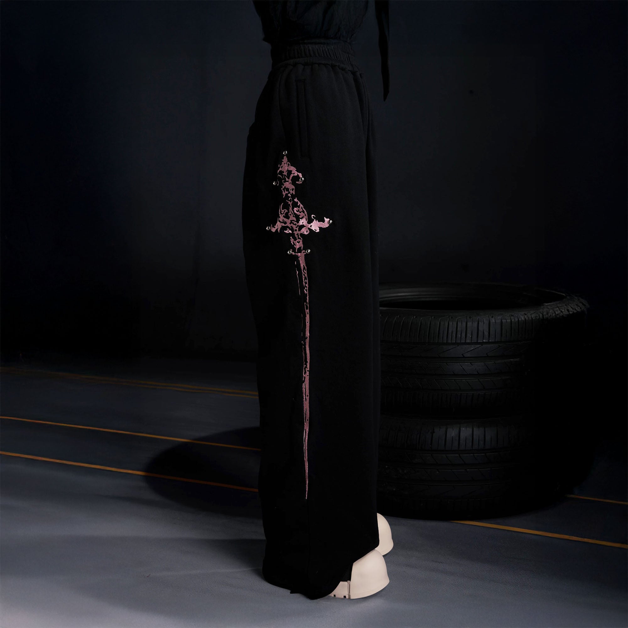 RECOVER ZONE Embroidered Sword Studded Wide-Leg Sweatpants, premium urban and streetwear designers apparel on PROJECTISR.com, RECOVER ZONE