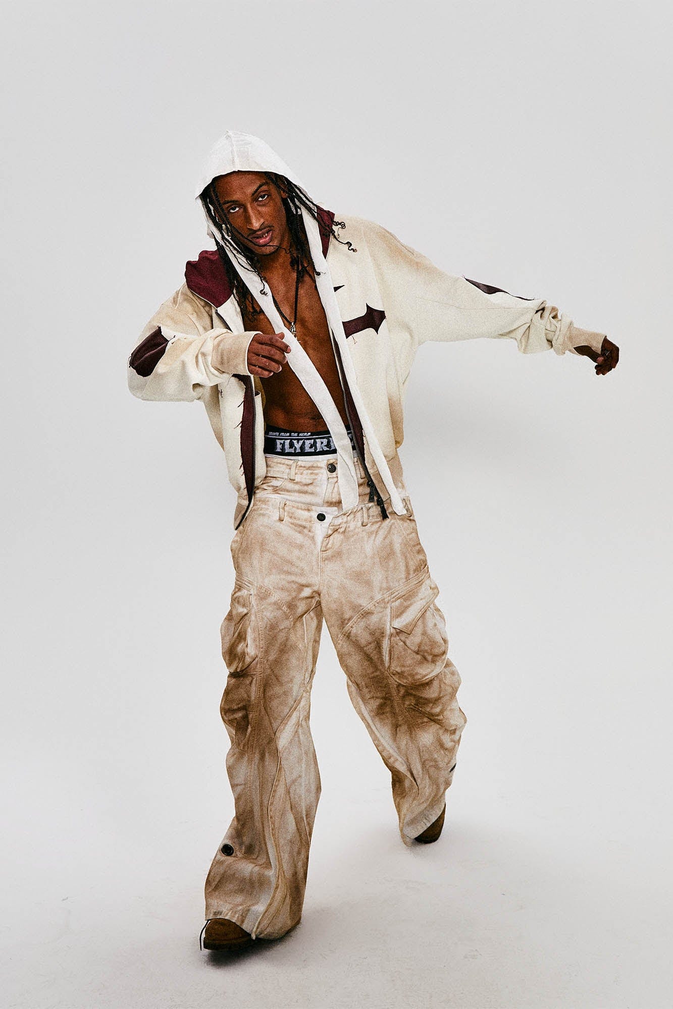 FLYERRER Distressed Cross Patch Studded Hooded Jacket, premium urban and streetwear designers apparel on PROJECTISR.com, FLYERRER