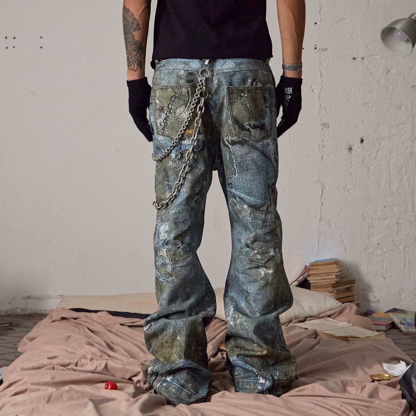 DND4DES Gems&Metals Rotten Distressed Flared Jeans, premium urban and streetwear designers apparel on PROJECTISR.com, DND4DES