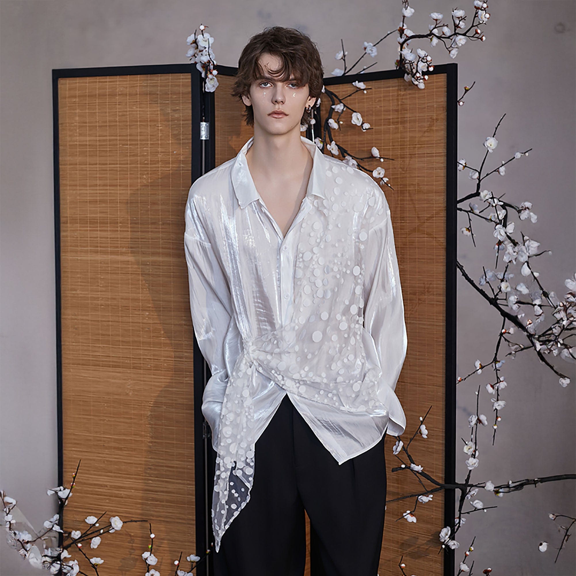 JIECHI Dots Tulle Drape Iridescent Shirt, premium urban and streetwear designers apparel on PROJECTISR.com, JIECHI
