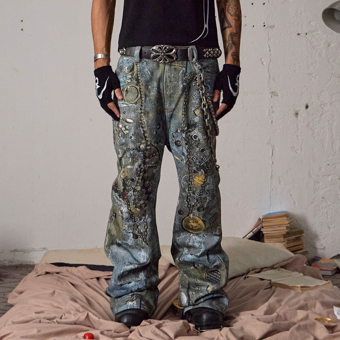 DND4DES Gems&Metals Rotten Distressed Flared Jeans, premium urban and streetwear designers apparel on PROJECTISR.com, DND4DES