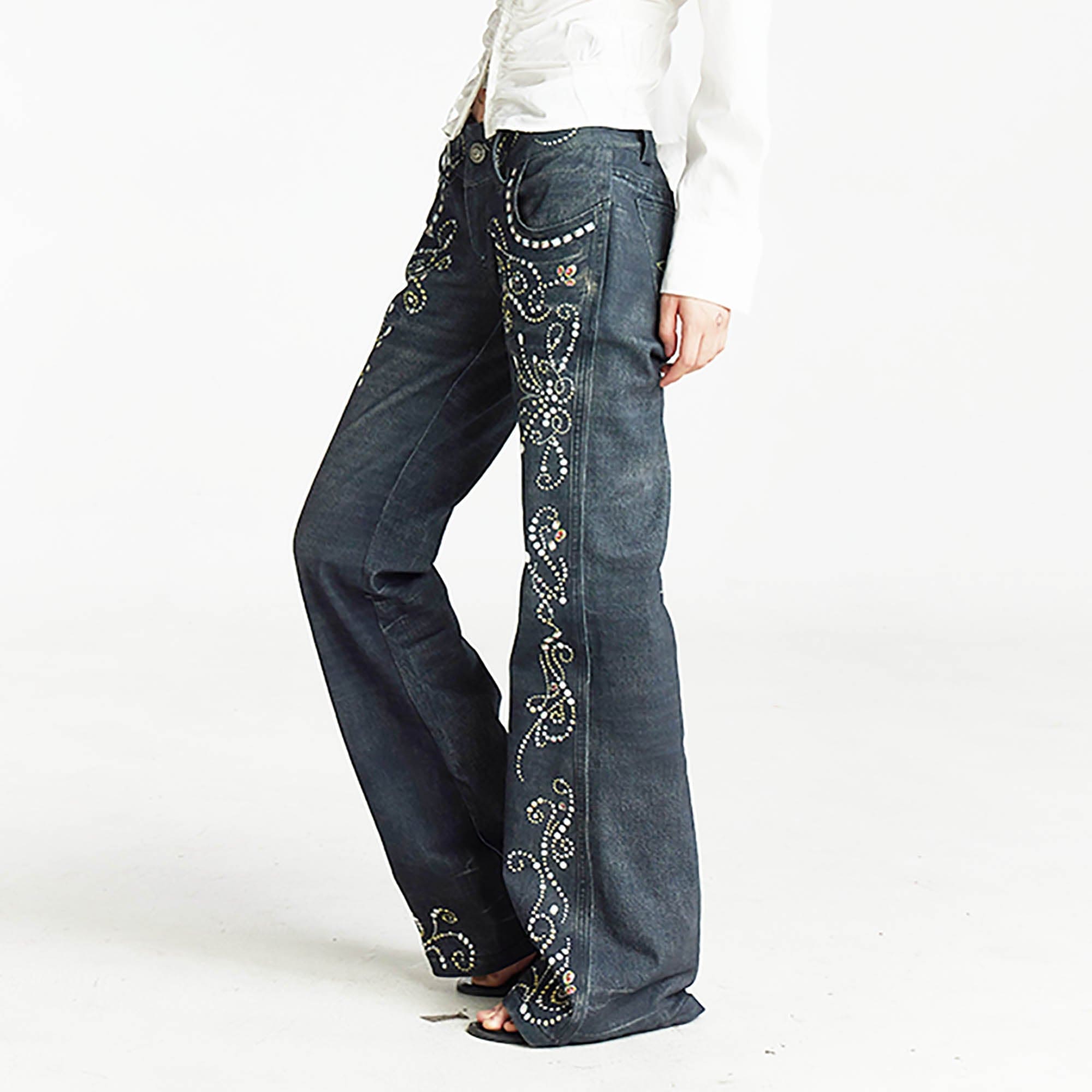 DND4DES Retro Gemstone Graphics Flared Jeans, premium urban and streetwear designers apparel on PROJECTISR.com, DND4DES