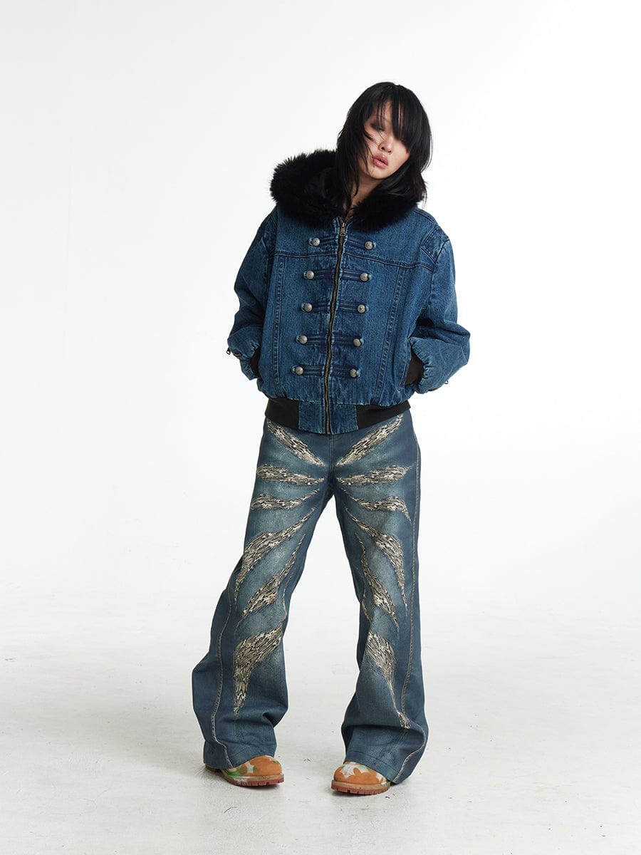 DND4DES Leopard Wings Embroidered Wide-Leg Jeans, premium urban and streetwear designers apparel on PROJECTISR.com, DND4DES