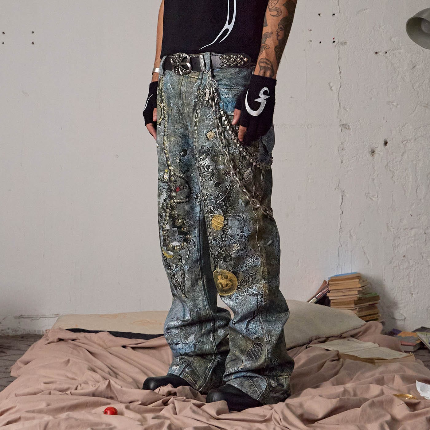 DND4DES Gems&Metals Rotten Distressed Flared Jeans, premium urban and streetwear designers apparel on PROJECTISR.com, DND4DES