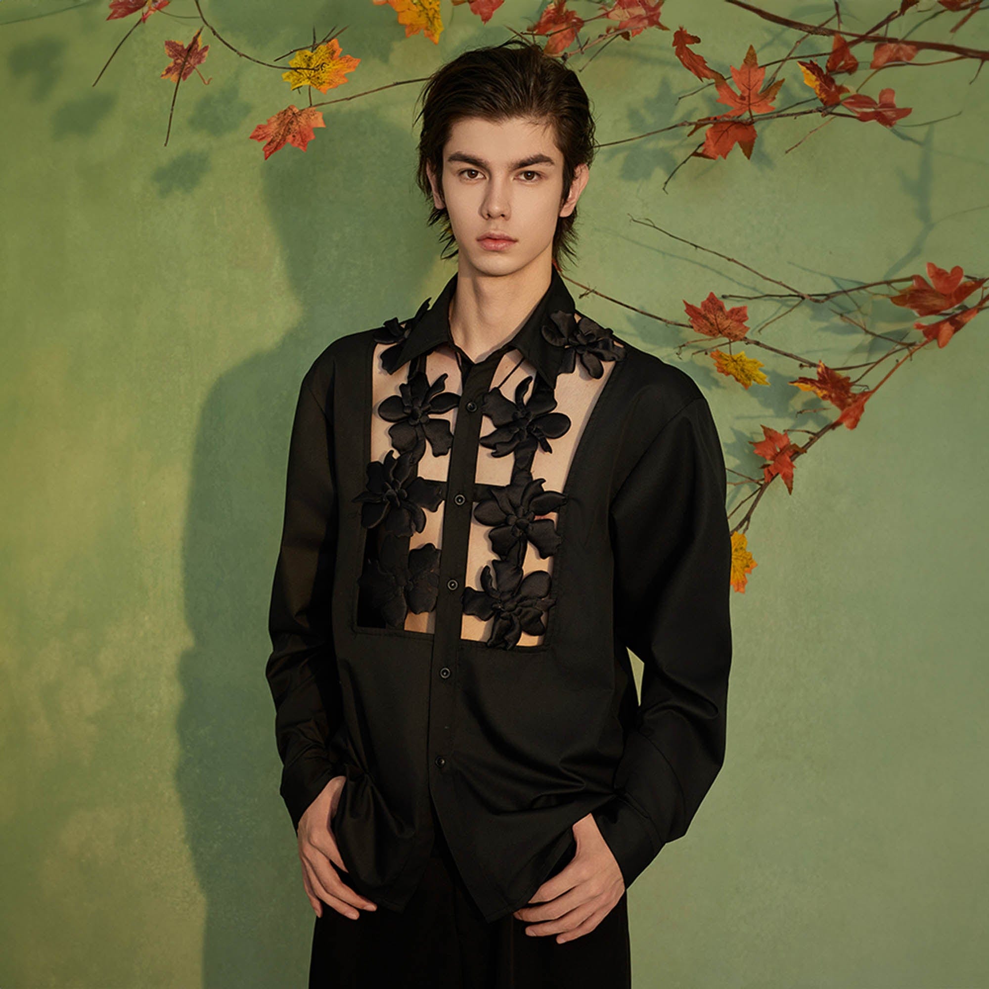 JIECHI Midnight Lily Cut-Out Shirt, premium urban and streetwear designers apparel on PROJECTISR.com, JIECHI
