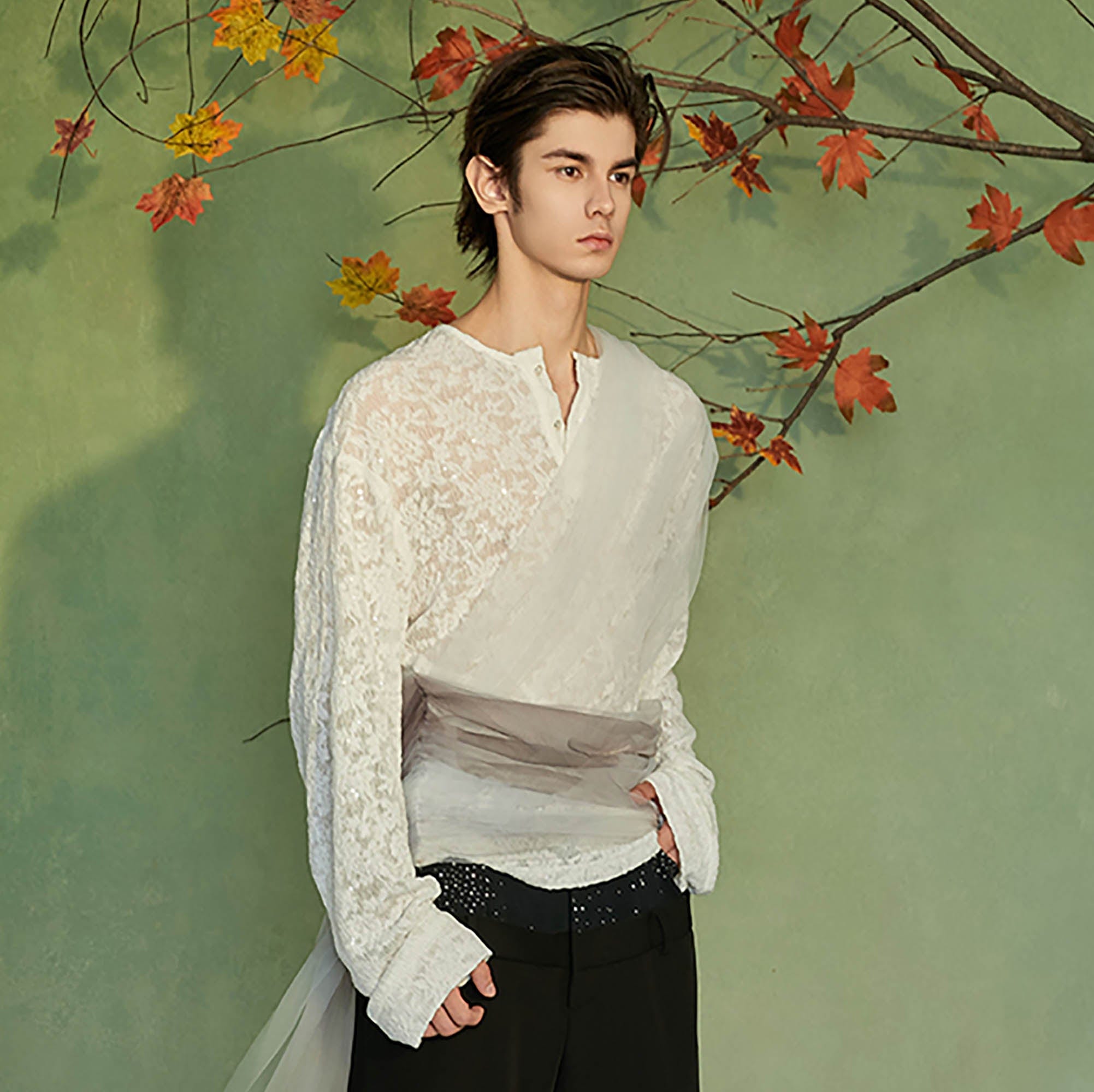 JIECHI Layered Sheer Wrap Lace Henley Shirt, premium urban and streetwear designers apparel on PROJECTISR.com, JIECHI