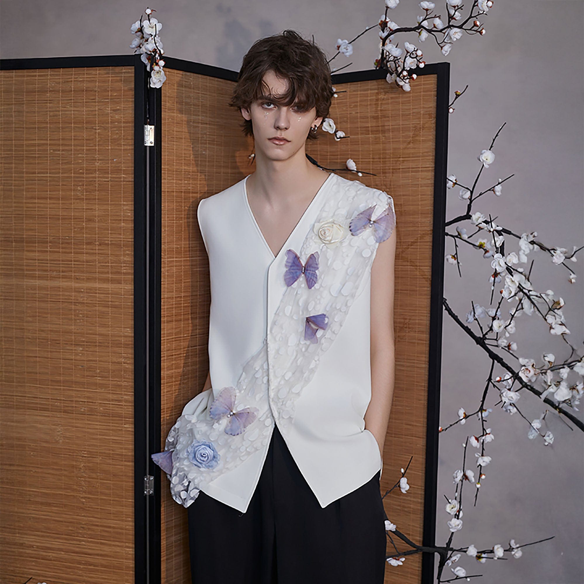 JIECHI Butterfly&Floral Asymmetrical Sheer V-Neck Vest, premium urban and streetwear designers apparel on PROJECTISR.com, JIECHI