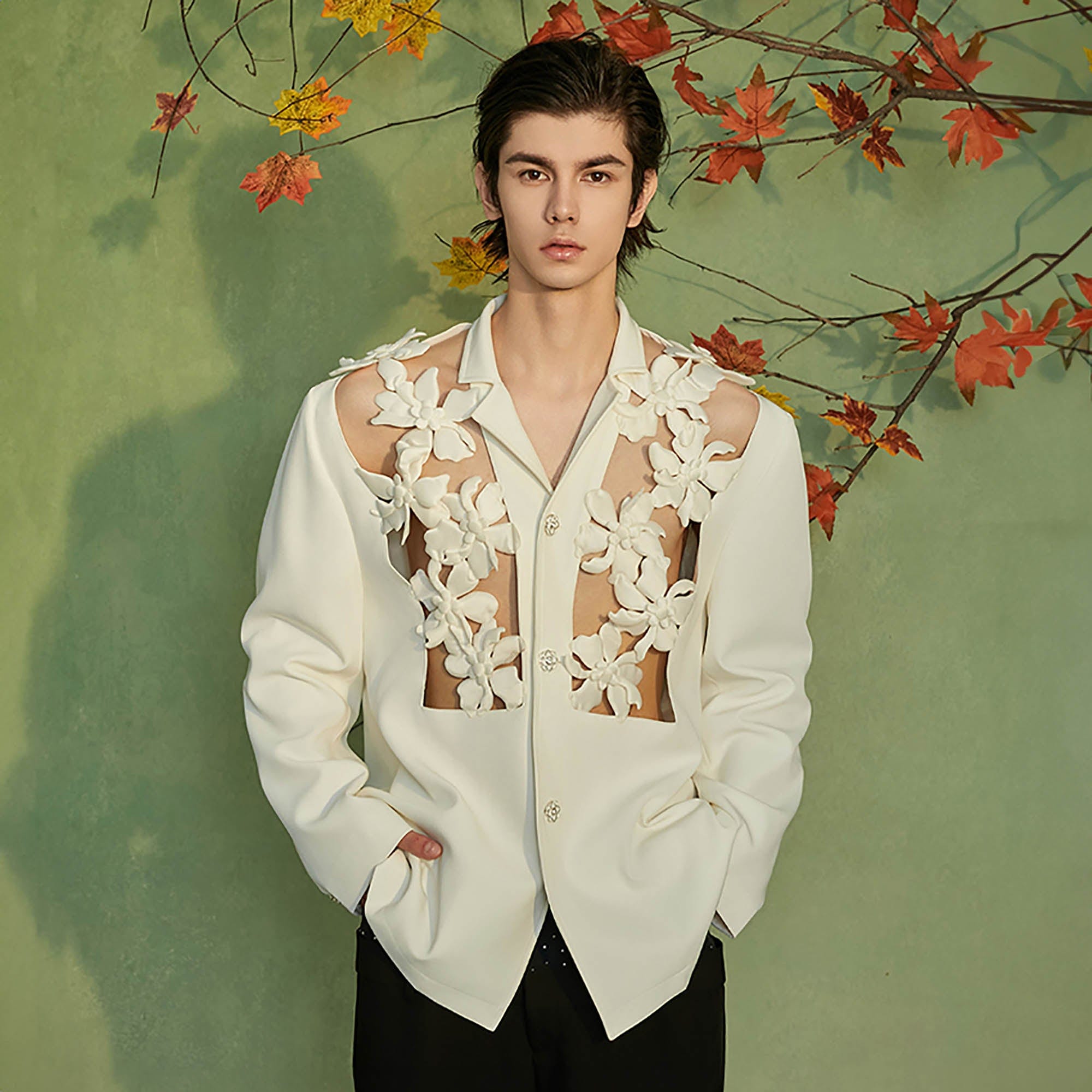 JIECHI White Lily Cut-Out Blazer, premium urban and streetwear designers apparel on PROJECTISR.com, JIECHI