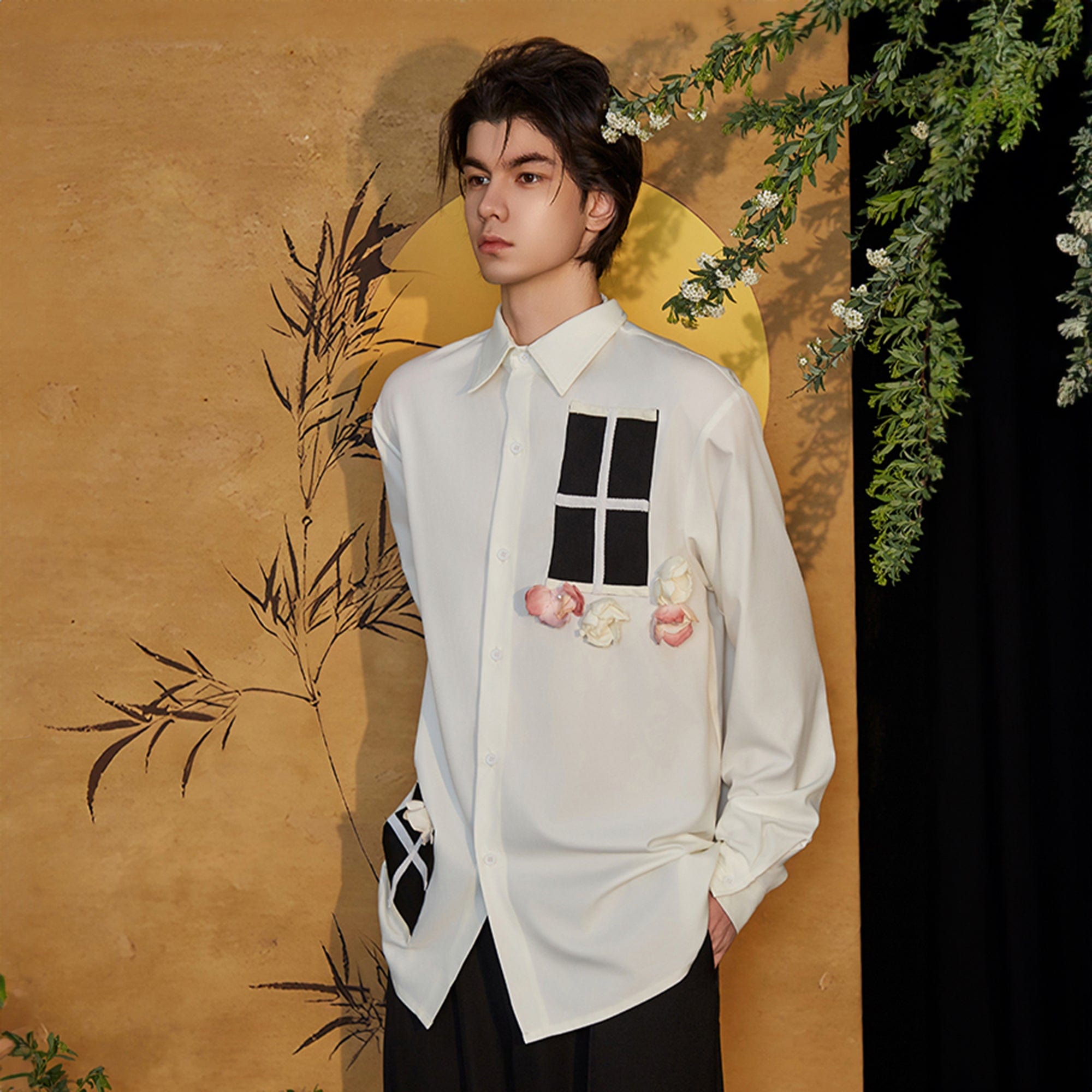 JIECHI Contrast Panel Floral Satin Shirt, premium urban and streetwear designers apparel on PROJECTISR.com, JIECHI