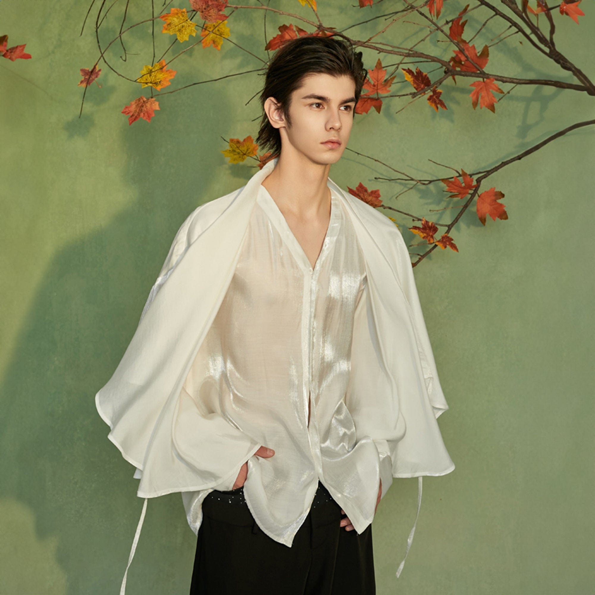 JIECHI Draped Cape Satin Shirt, premium urban and streetwear designers apparel on PROJECTISR.com, JIECHI