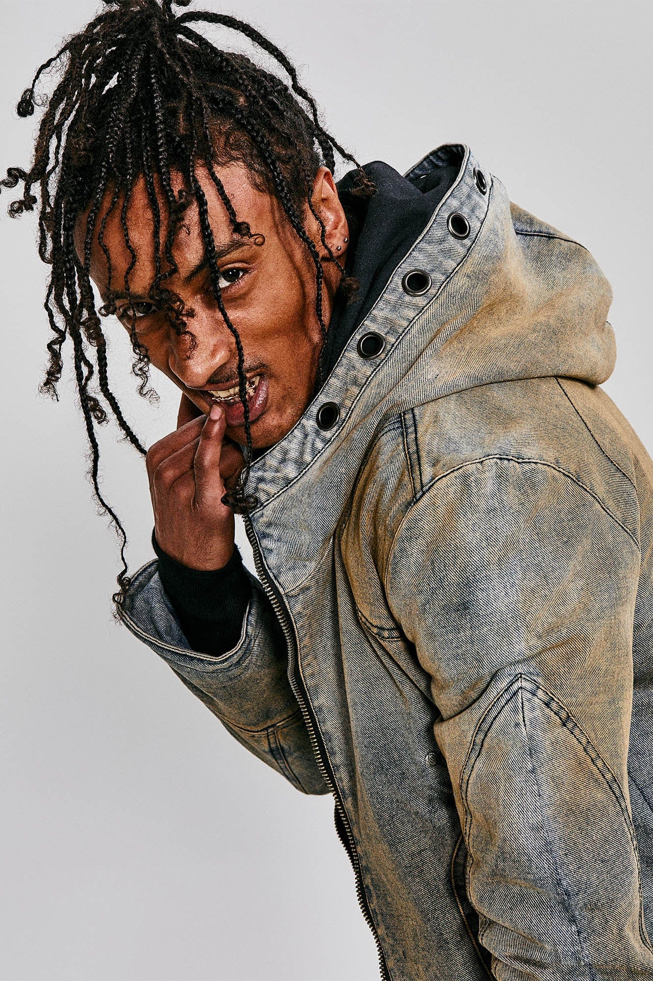 FLYERRER Distressed Spliced Studded Hooded Short Denim Jacket, premium urban and streetwear designers apparel on PROJECTISR.com, FLYERRER