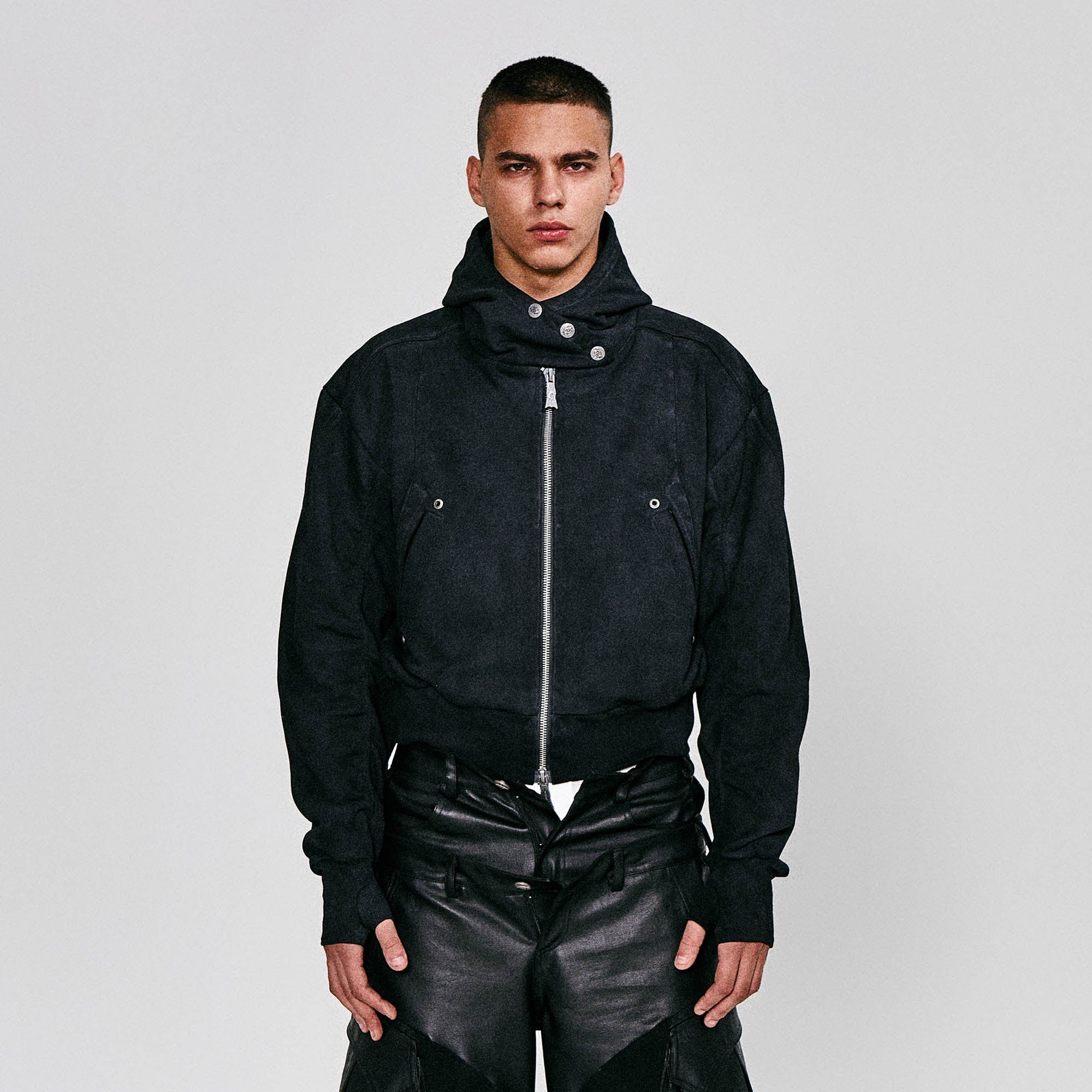 FLYERRER Grommet Spliced Zip-Up Cropped Hoodie, premium urban and streetwear designers apparel on PROJECTISR.com, FLYERRER
