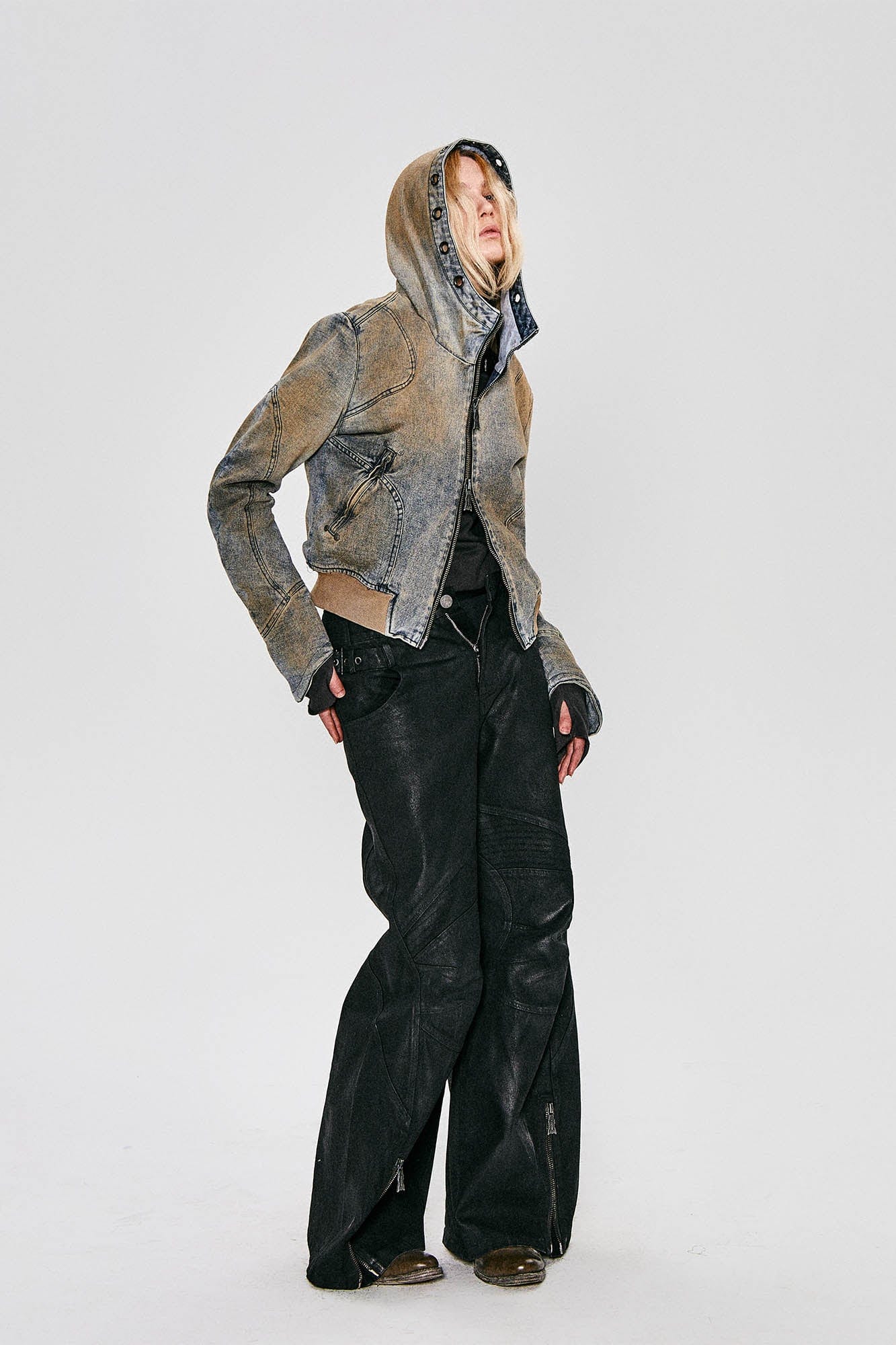 FLYERRER Distressed Spliced Studded Hooded Short Denim Jacket, premium urban and streetwear designers apparel on PROJECTISR.com, FLYERRER