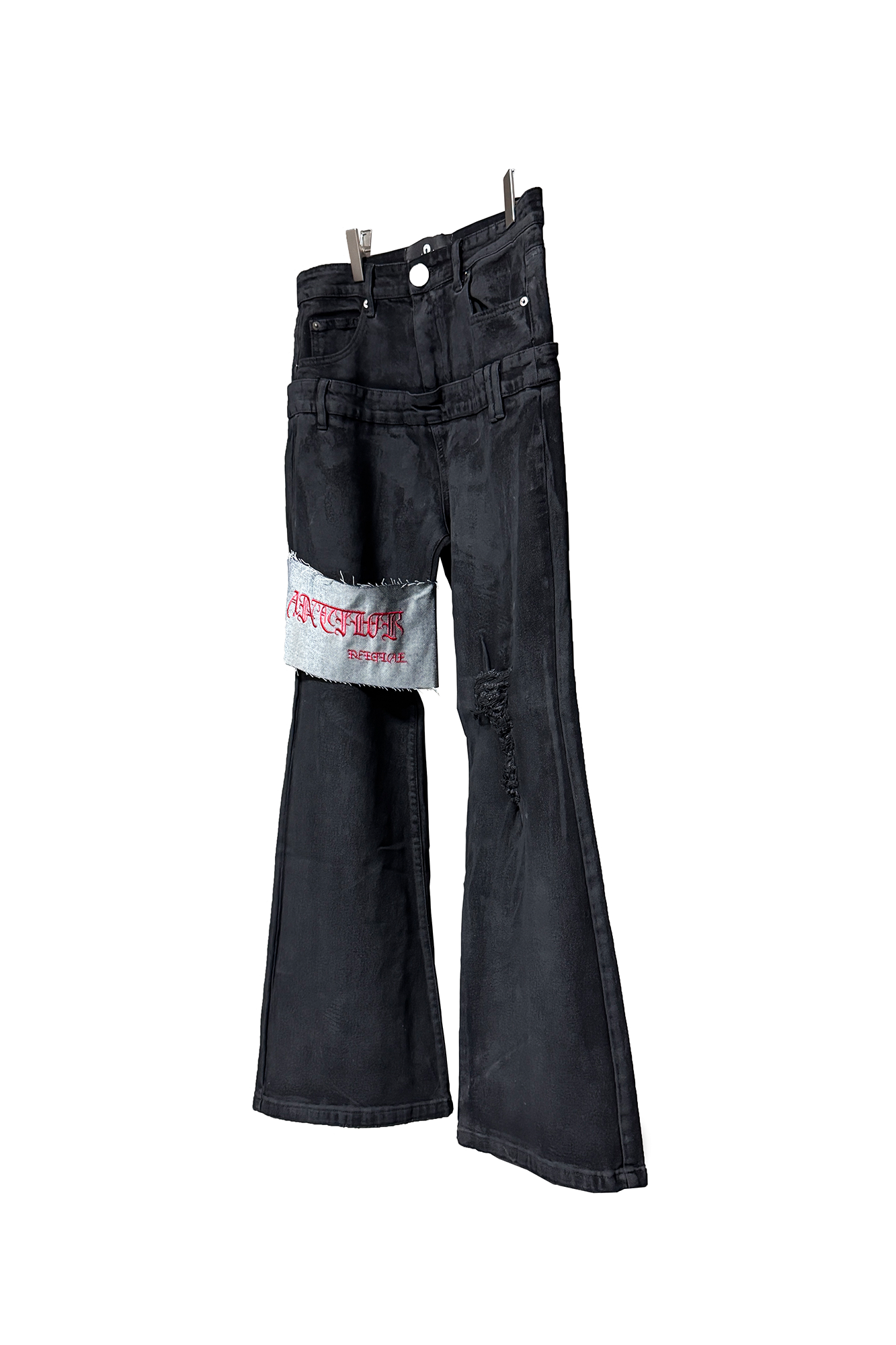 ANTI WAR REVIVAL Panelled Waxed Distressed Embroidered Double-Waistband Jeans
