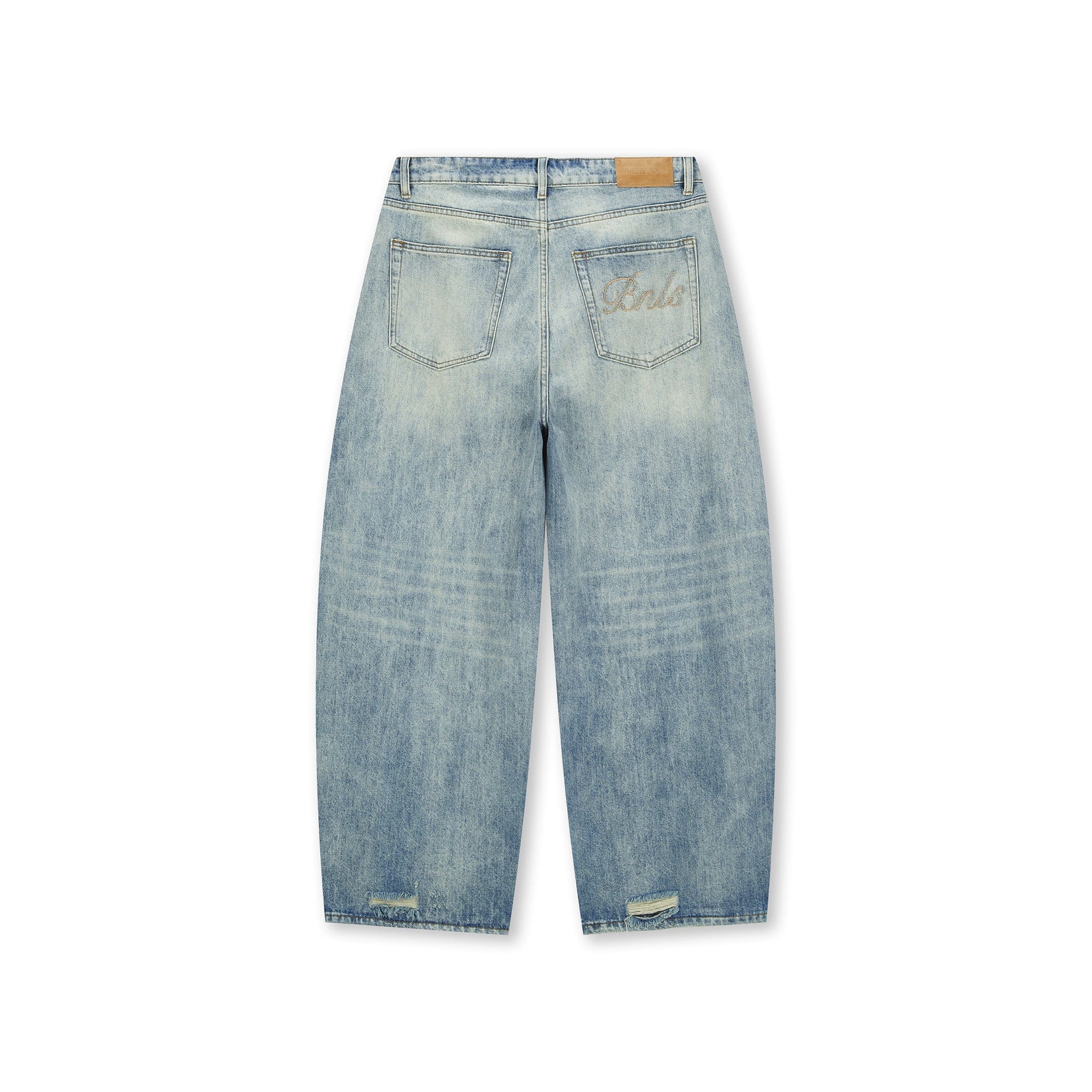 BONELESS Washed Ripped Hem Curved Baggy Jeans